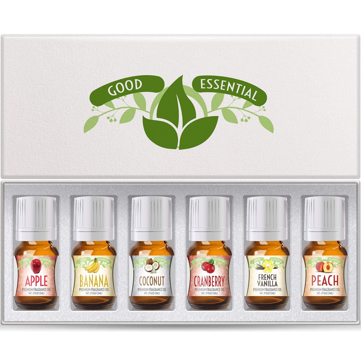 Good Essential Fragrance Oils Set, 6-Pack: Banana Oil, Cranberry, Apple, Coconut, French Vanilla, Peach - Aromatherapy & Candle Scent