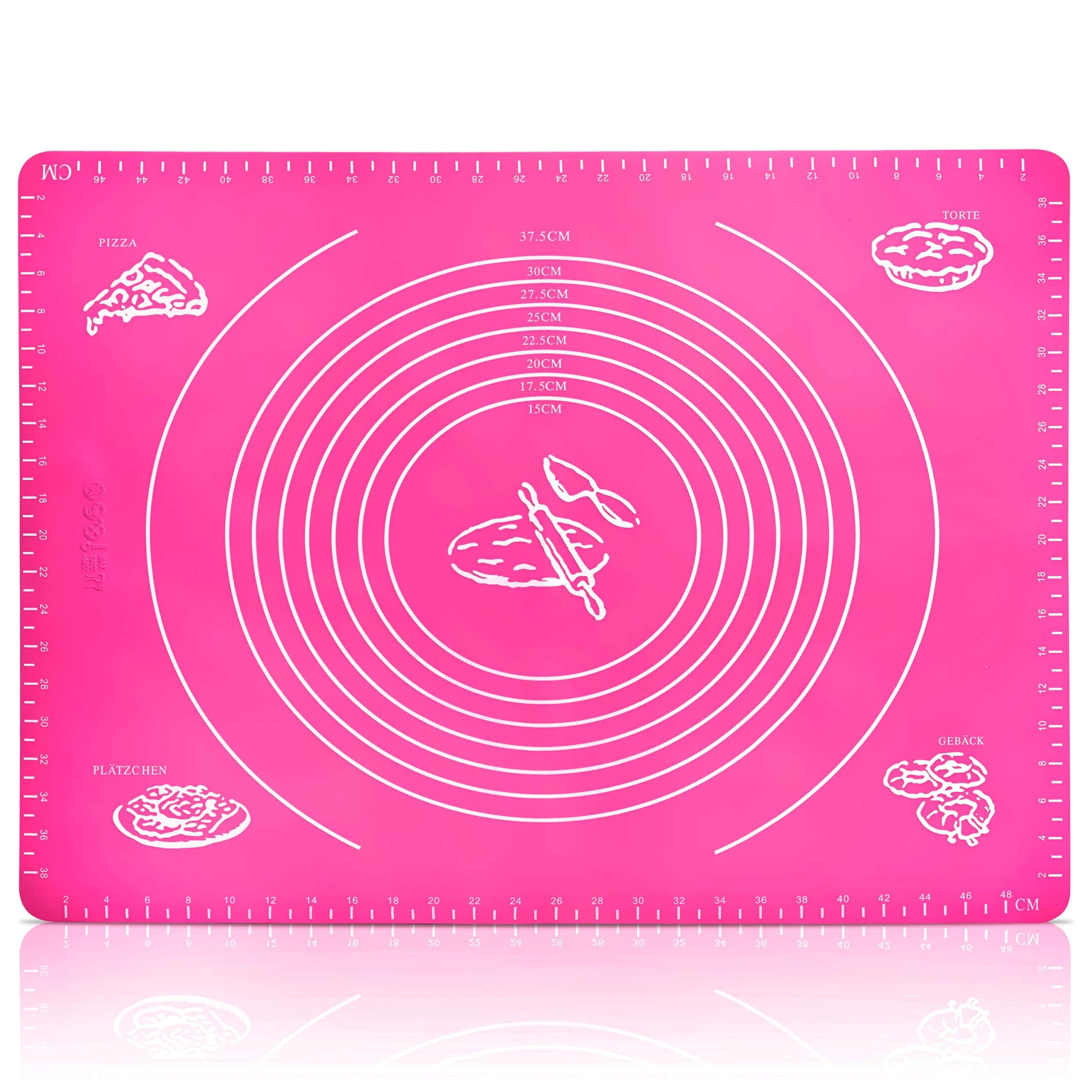 Large Dough Mat, Silicone Rolling Mat, Heat Resistant, Baking Mat for Pizza, Fondant, Baking, Kitchen 50x40cm Pink