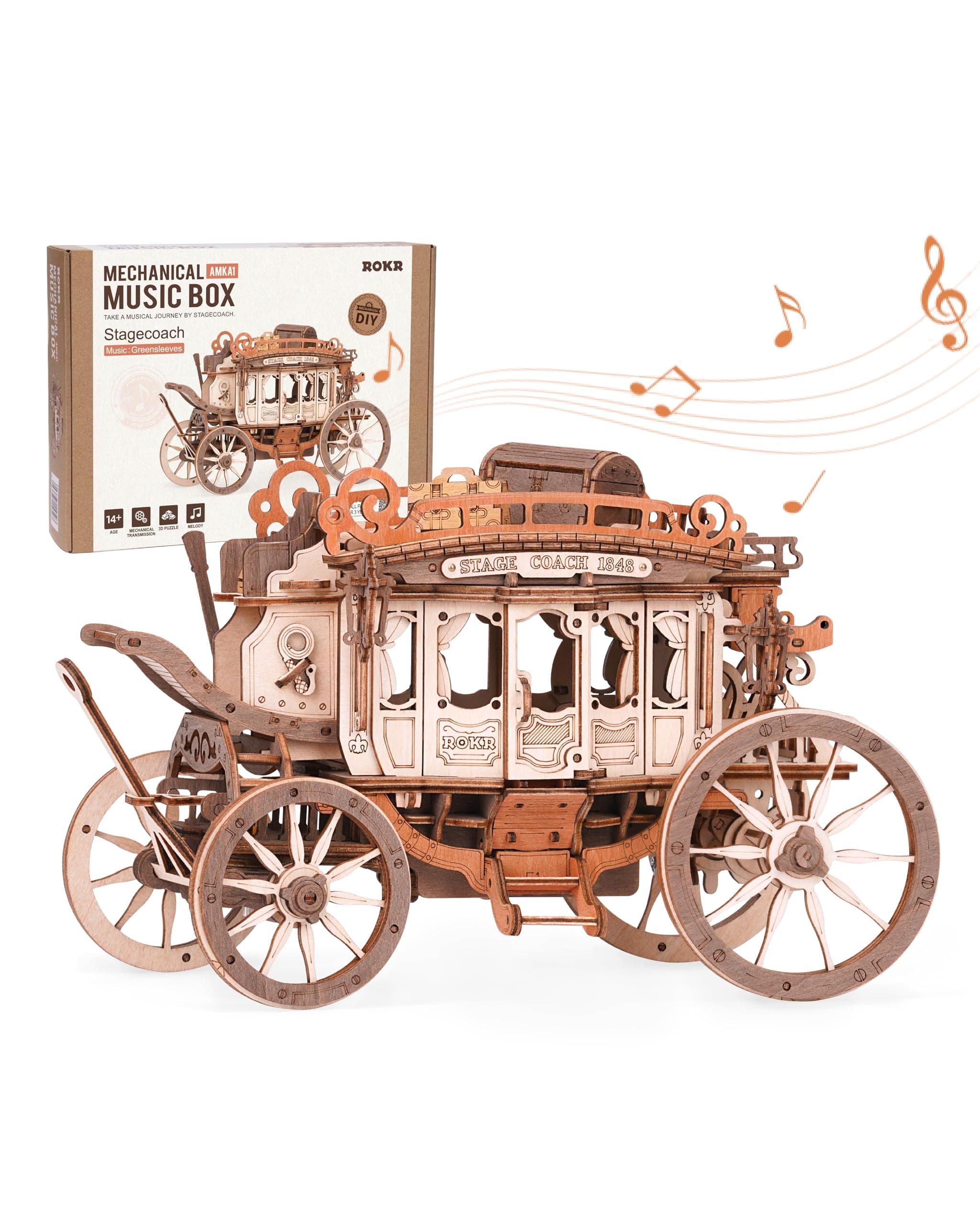3D Wooden Model Kits for Adults Mechanical Music Box Stagecoach Model Building Kits Wooden Puzzle Birthday Gifts for Kids and Adults, Stagecoach AMKA1