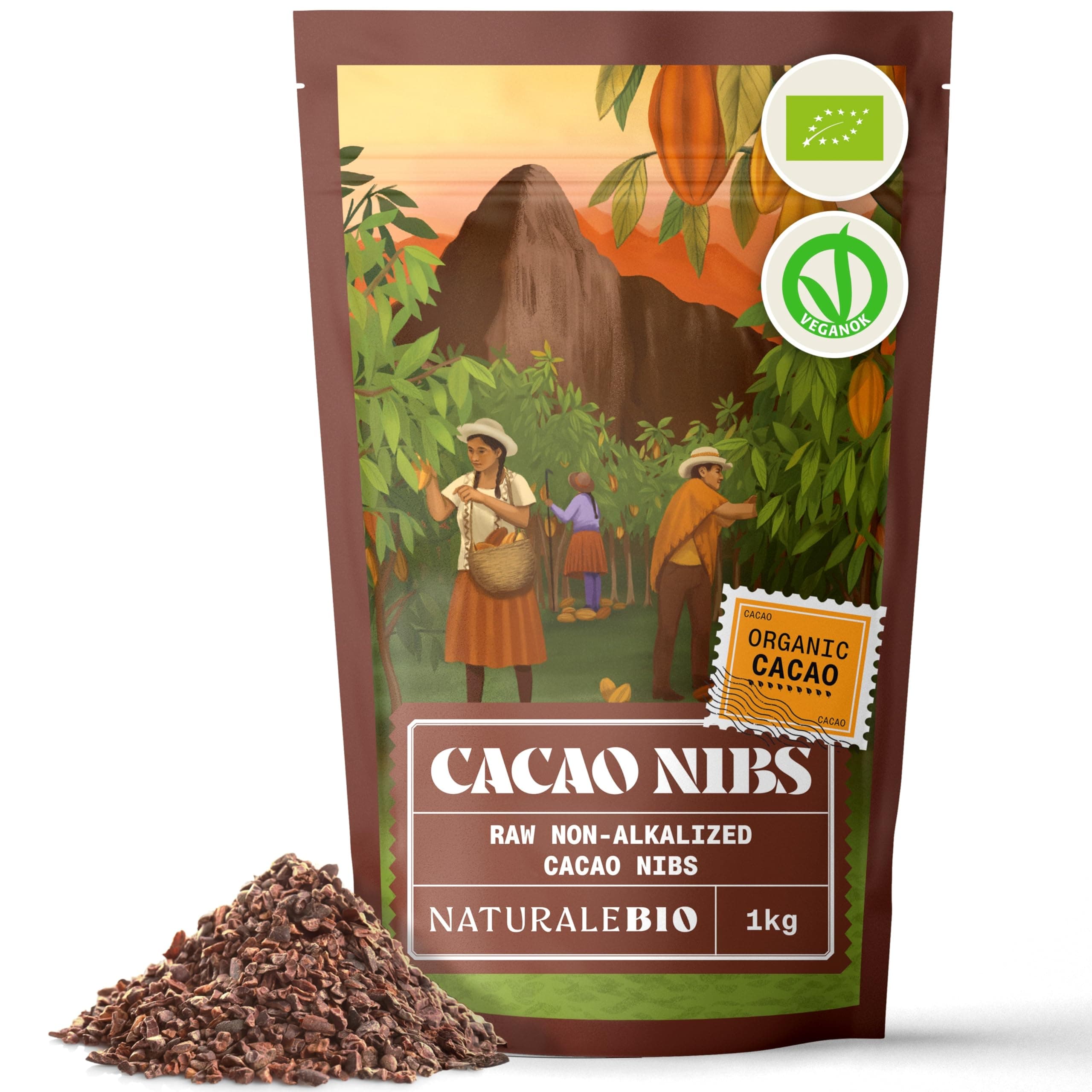 NaturaleBio Organic Raw Cacao Nibs 1 kg. Natural and Pure. Made in Tropical Regions from the Theobroma Cacao Plant. Source of Magnesium, Potassium and Iron.