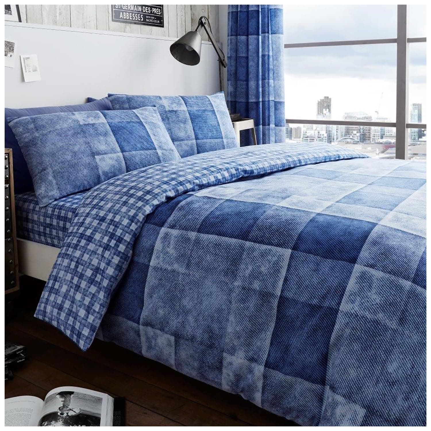 GC GAVENO CAVAILIA Checked Duvet Cover Double (200cm x 200cm) - Quilt Bedding Set Double Bed with 2 Pillow Cases - Blue