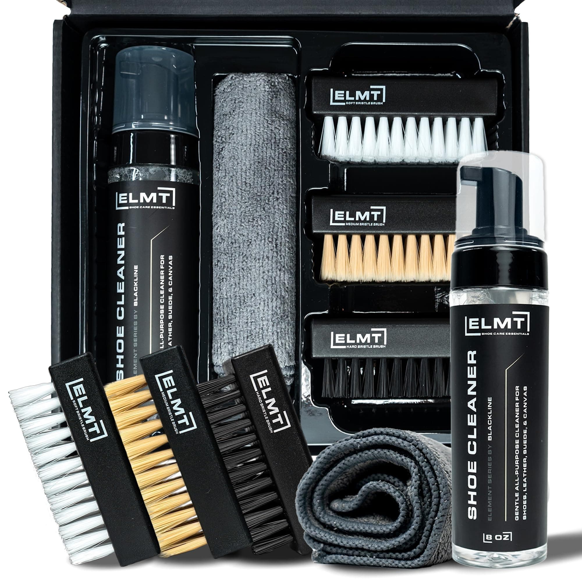 Blackline ELMT Shoe Cleaner Kit — Ideal Sneaker, Canvas, Mesh, Nubuck, Sheepskin, Leather, Suede Shoe Cleaner — US-Made, Safe, 10X Potent Shoe Cleaning Kit (8 oz Solution, 3 Brushes, Microfiber Towel)