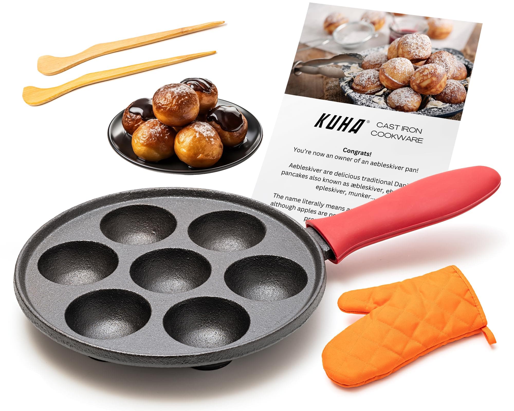 Cast Iron Aebleskiver Pan | Pre-Seasoned Pan for Authentic Danish Pancake Making, Poffertjes, Takoyaki, Appam & Paniyaram | Silicone Handle, Oven Mitt & Bamboo Skewers Included | 7.9" Diameter
