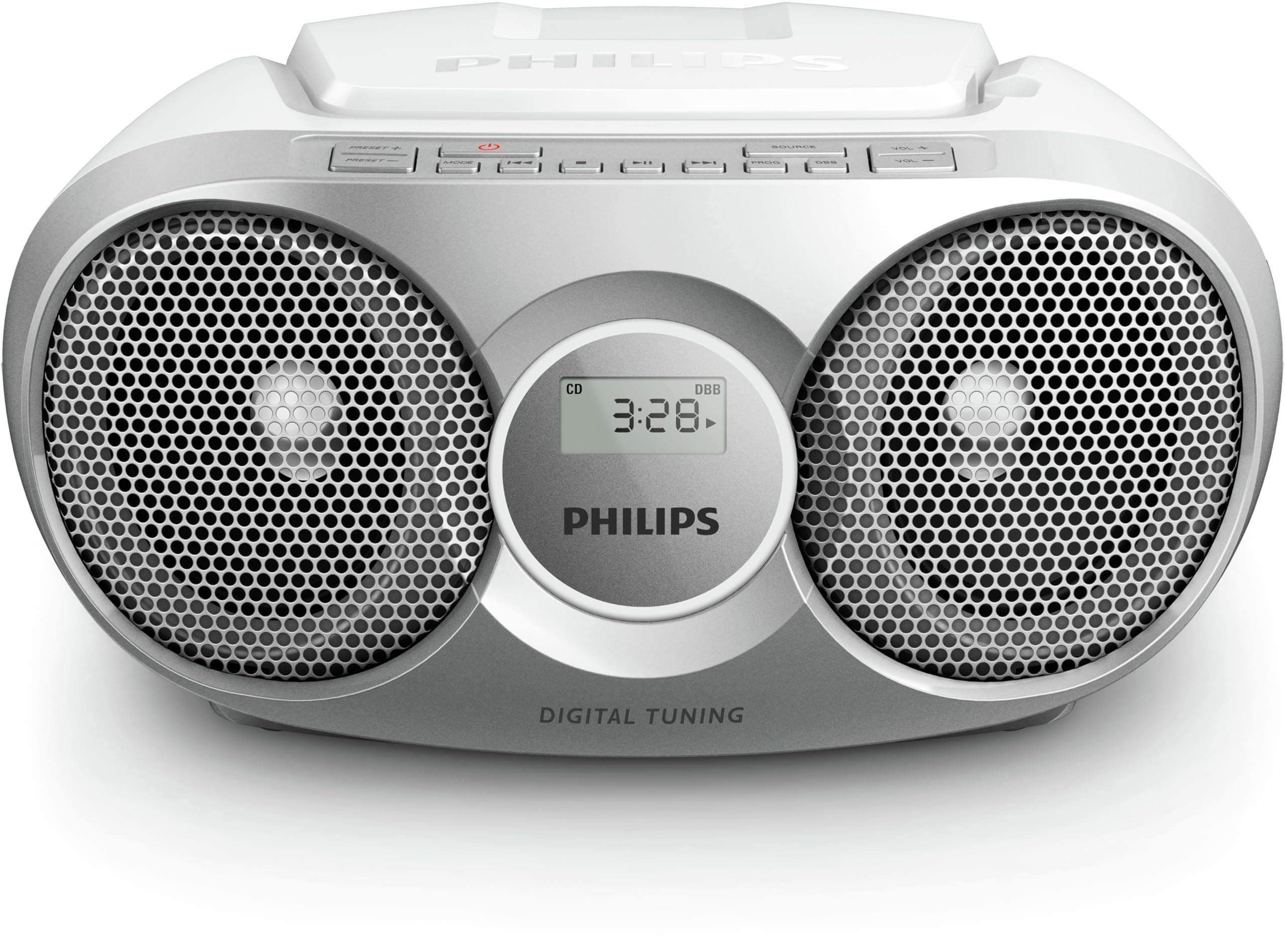 Philips Portable CD Player Boombox, Stereo Dynamic Bass Boost Speakers, Lightweight FM Radio CD Player with LCD Display, USB Playback, Aux Line-in, Boombox CD Player Silver