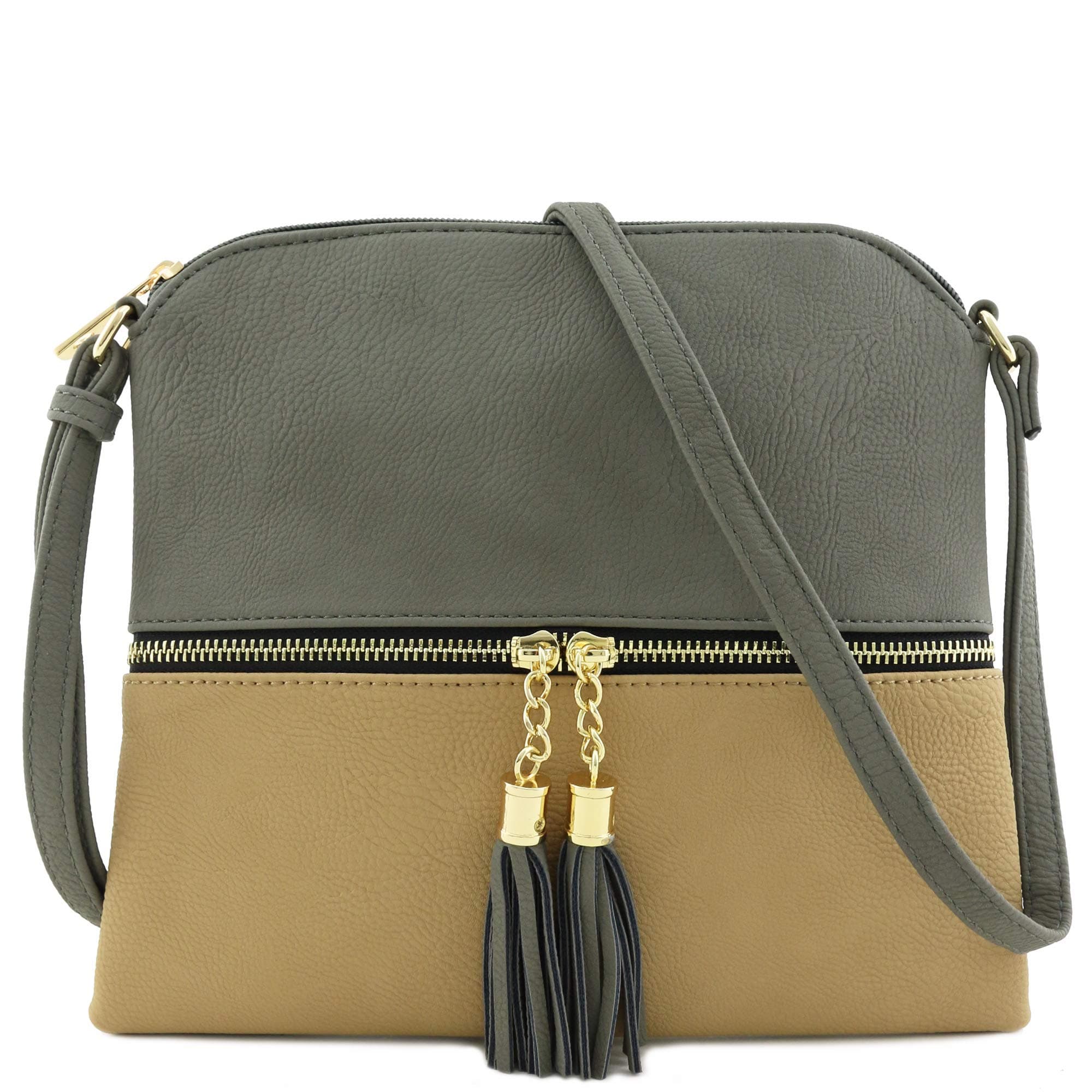 DELUXITY Lightweight Medium Crossbody Bag with Tassel (Grey/Taupe)