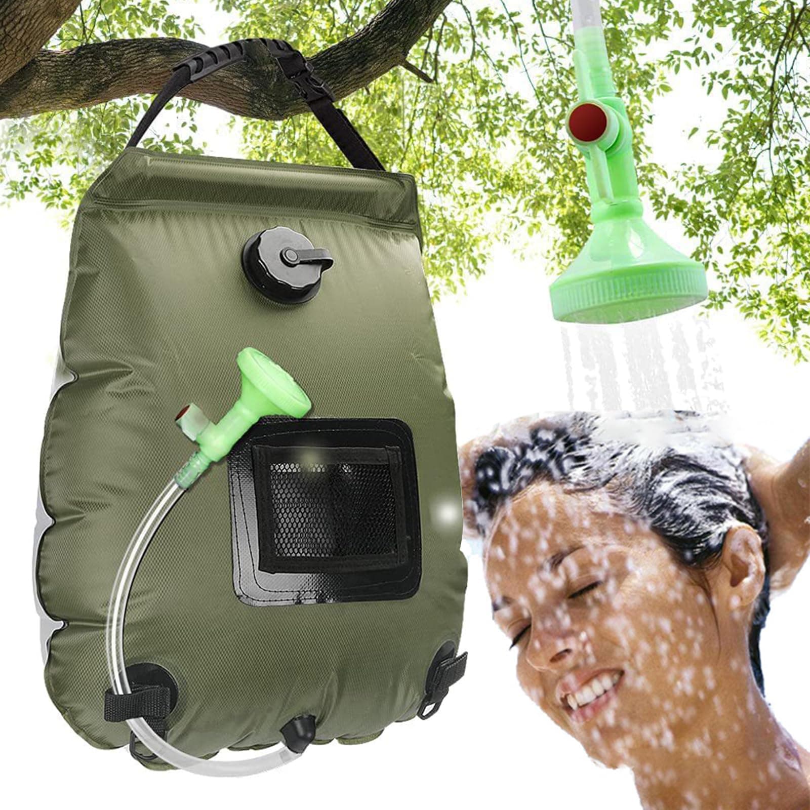Solar Shower Bag,5 gallons/20L Solar Heating Camping Shower Bag with Removable Hose and On-Off Switchable Shower Head for Camping Beach Swimming Outdoor Traveling Hiking (Green)