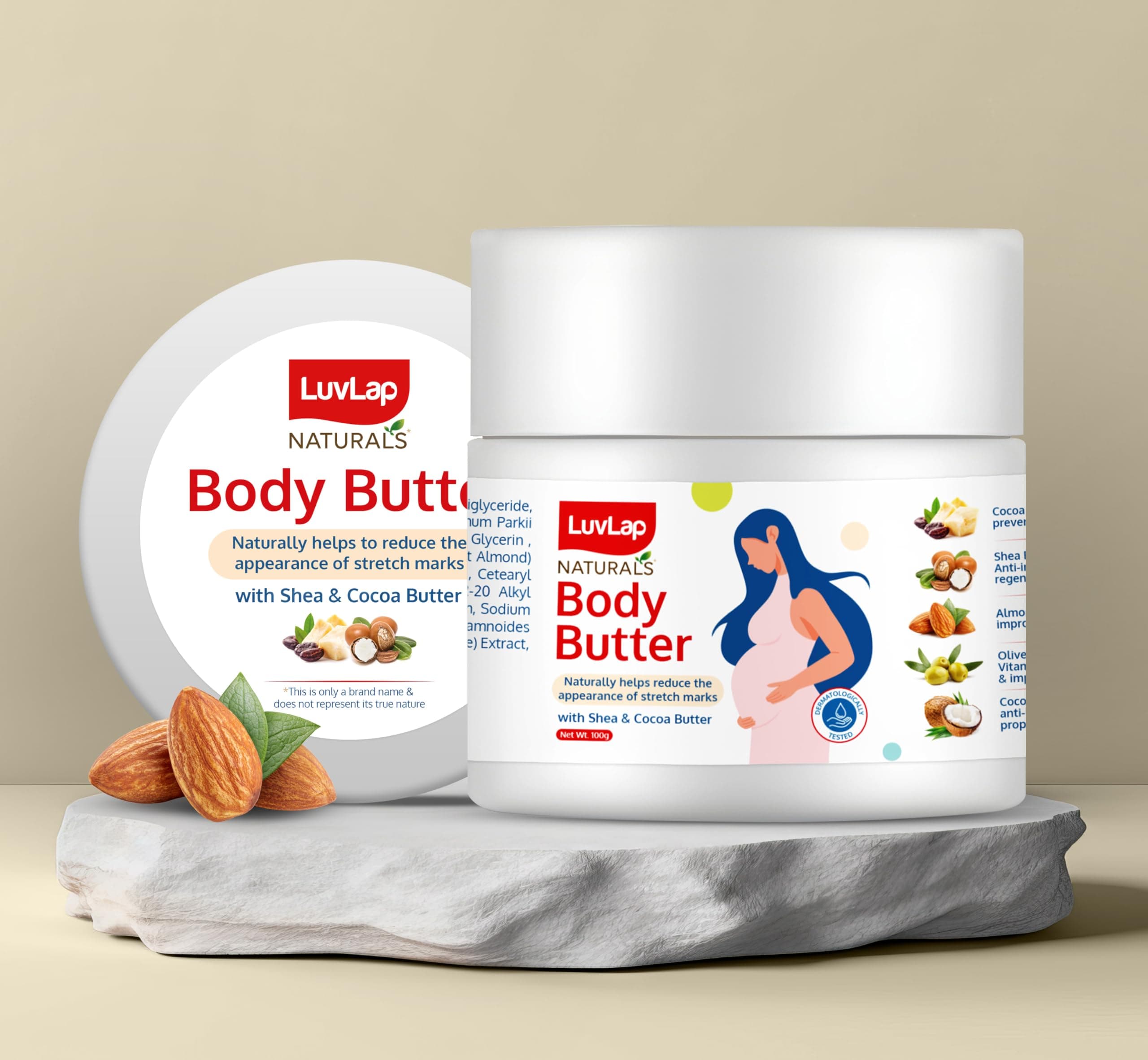 Naturals Body Butter for Pregnant Belly, 100g, with Shea & Cocoa Butter, Almond, Olive & Coconut Oil, Gives Relief to Dry & Itchy Skin, Stretch Mark Cream, Dermatologically Tested