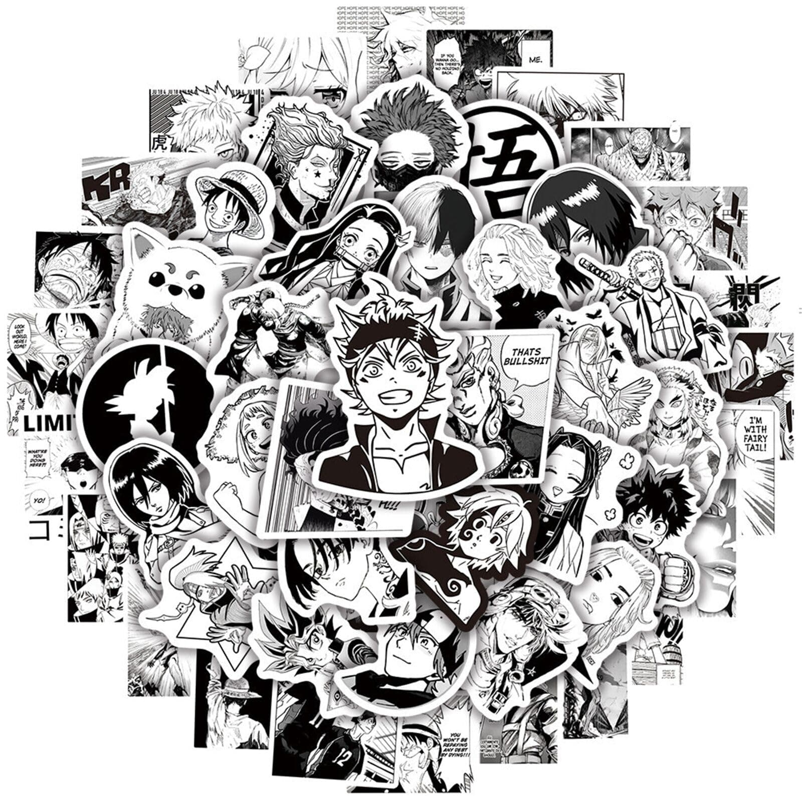 Kids Anime Stickers Mixed Pack, 100pcs Black and White Cartoon Characters Decals Movie Decorative Sticker for Kids Teens Waterproof Stickers for Water Bottle Laptop Luggage Helmet Skateboard Guitar