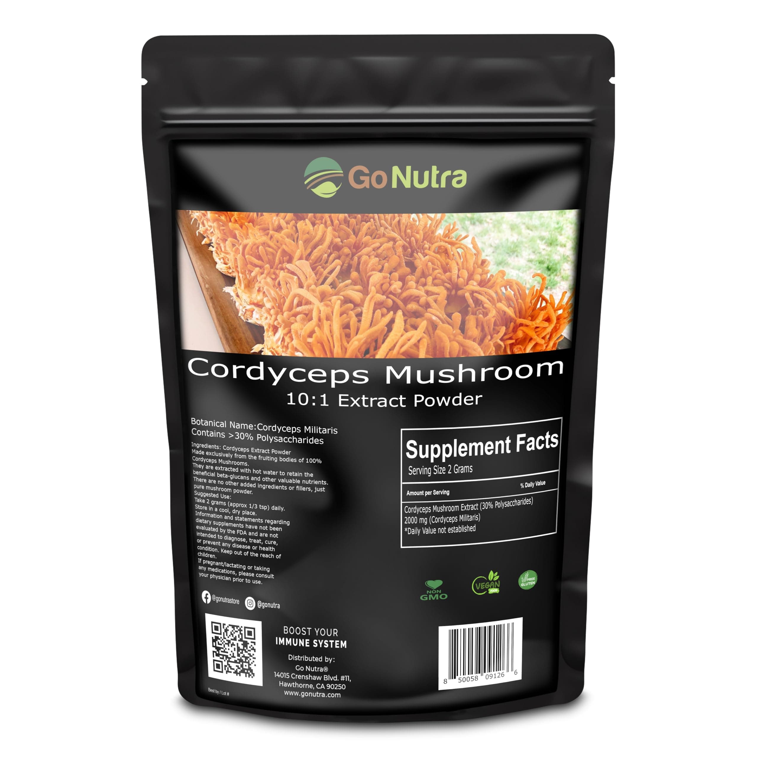 Go Nutra Cordyceps Mushroom Powder | Cordyceps Extract 30% Polysaccharides Non-GMO Pure Cordycep Powder 8 oz. (225 Grams)