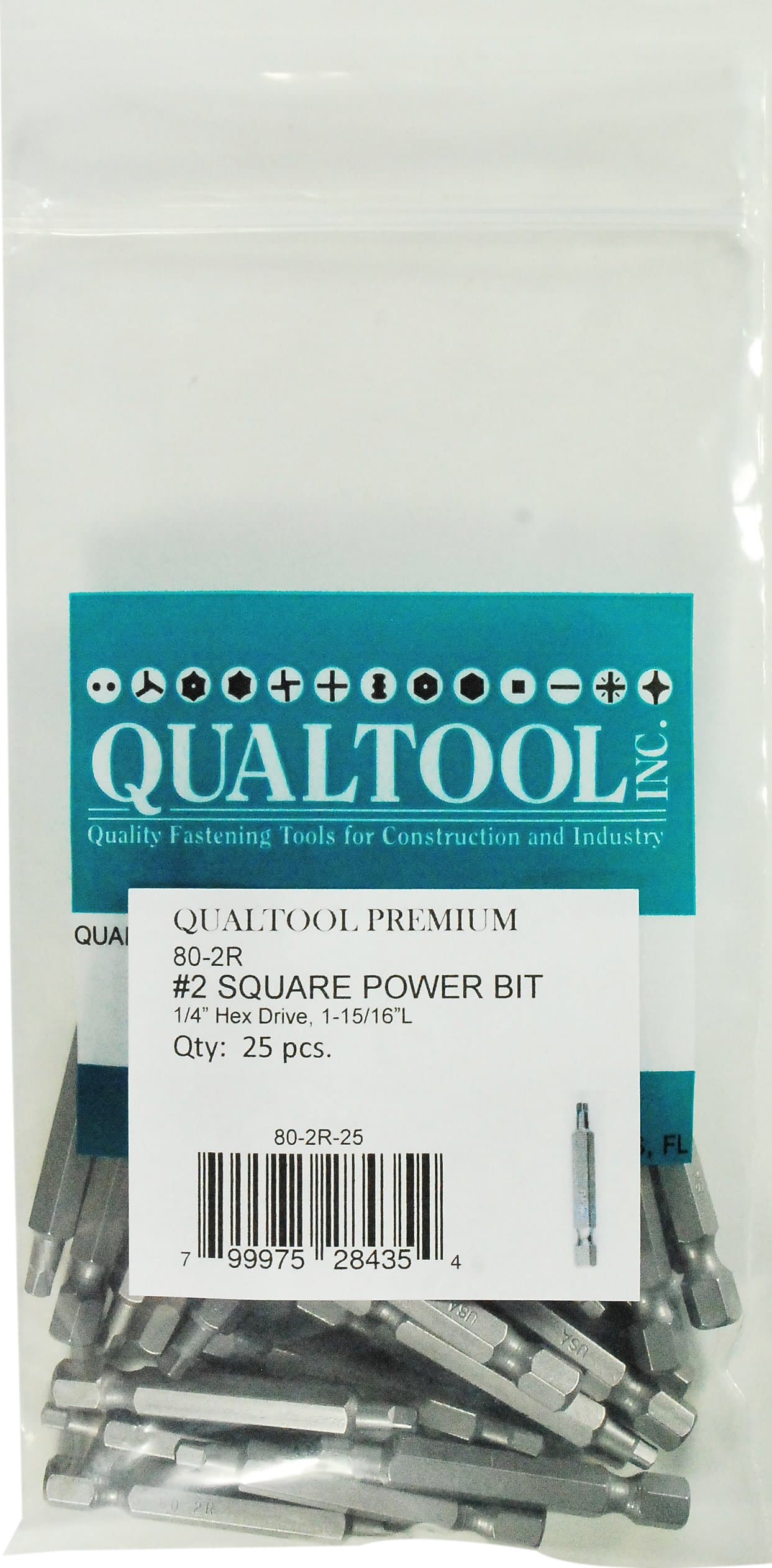Qualtool Premium 80-2R-25 Size 2 Square Power Bit, 1-15/16 Inch long, 25-Pack