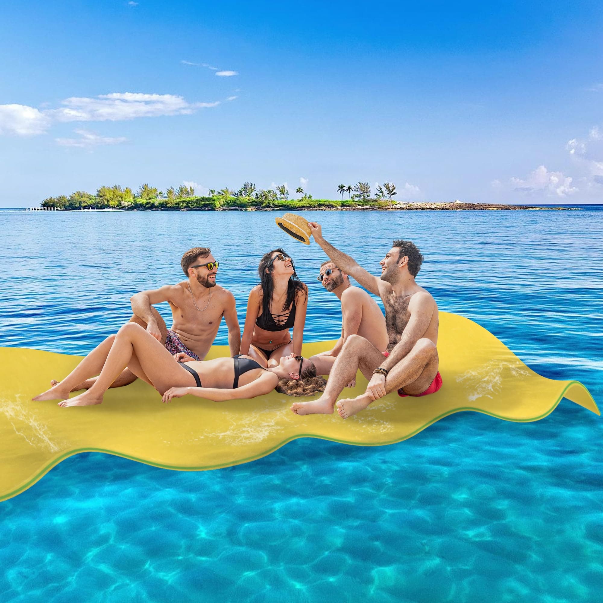 Outroad Floating Water Pad Mat, 3 Layers XPE Foam 9/12/18 Ft Lily Pad for Beach, Ocean, Lake, Roll-Up Floating Island for Water Recreation and Relaxing, Yellow and Blue