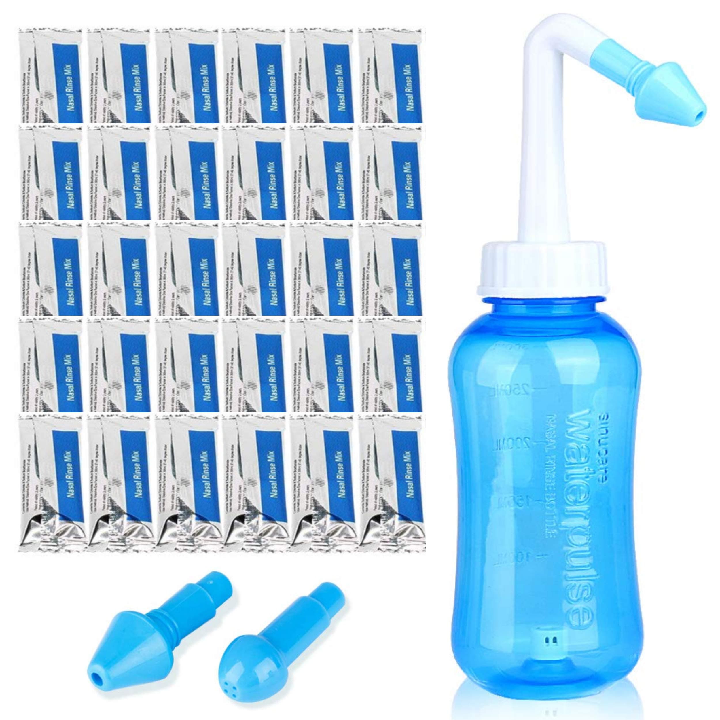 Sinus Rinse Kit (300ml Adjustable Hydro Nasal Wash Cleaner + 30 Packets Nose Wash Salt + Thermometer Sticker), Nasal Rinse Kit - Neti Pot for Allergies & Sinus Care - for Adults & Children