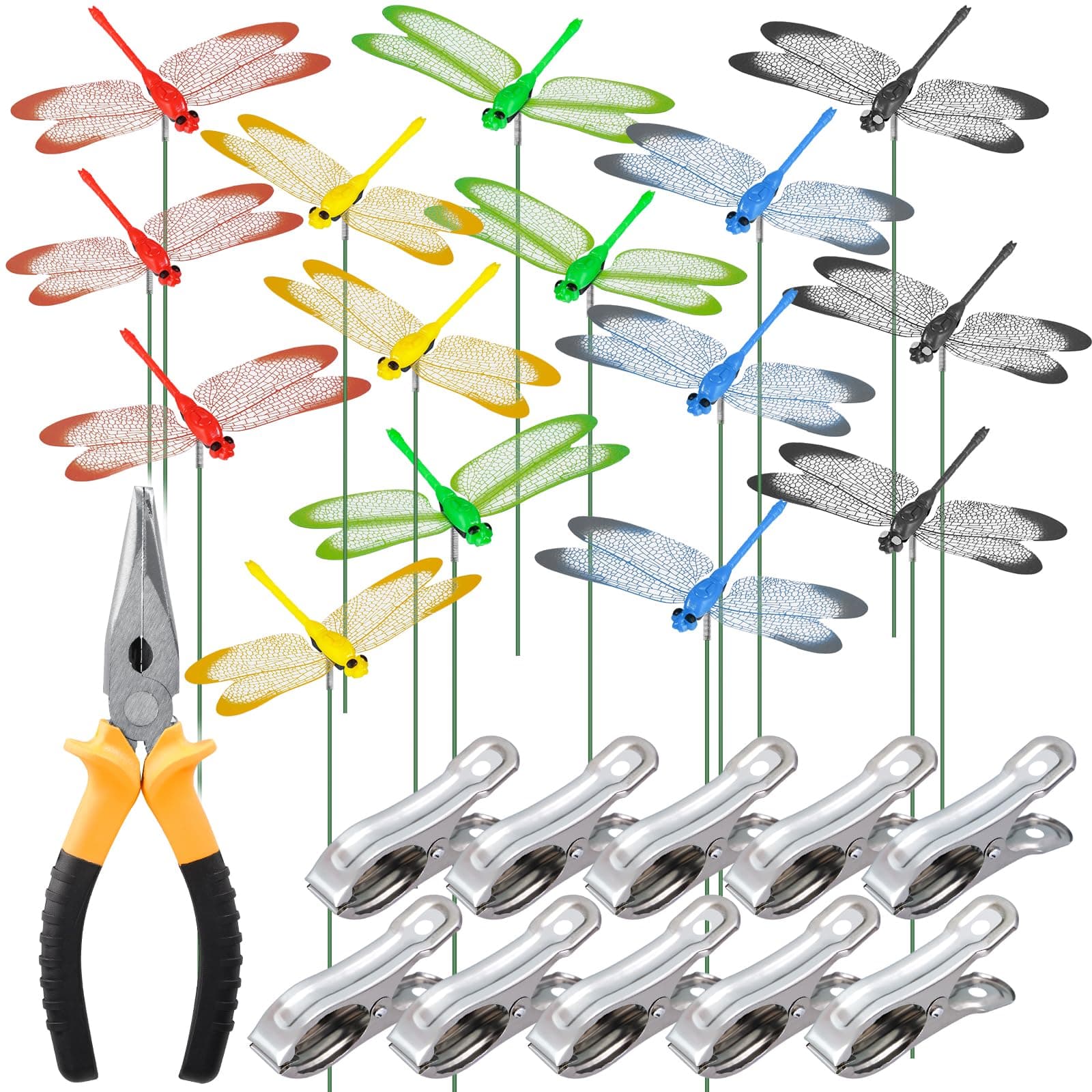 NiHome 15PCS Decorative Dragonfly Clips Decor for Garden, 9.8" Long Multicolor Waterproof Outdoor & Indoor Use, Versatile Clip-On Plant Decoration & Fly Deterrent, Includes Pliers for Easy Attachment