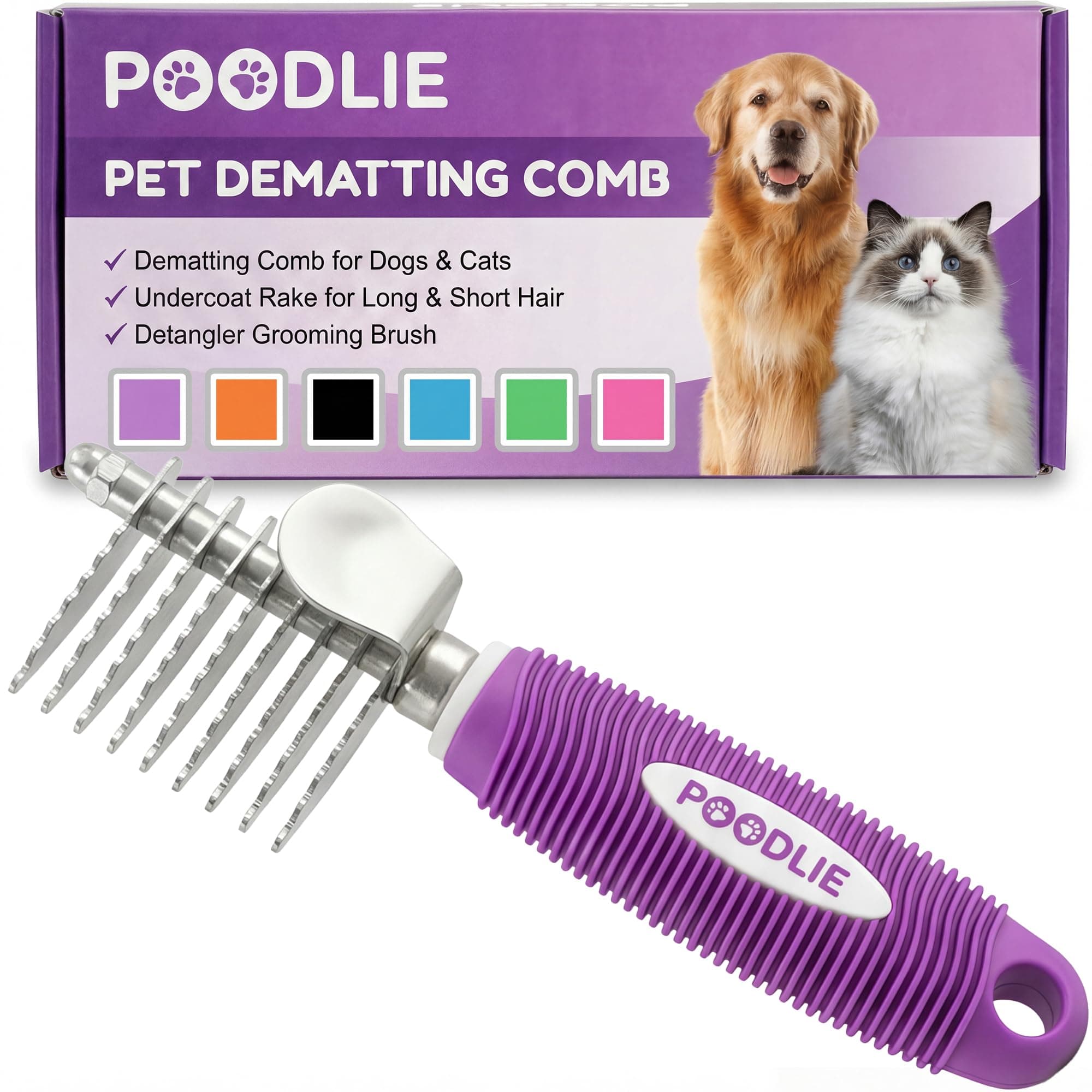 Poodle Dematting Fur Rake Comb Brush for Dogs and Cats - Long 2.5" Steel Safety Blades Metal Comb for Detangling Matted or Knotted Undercoat Hair