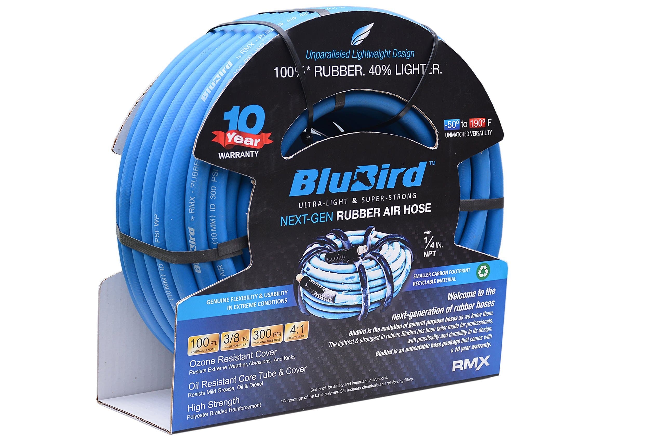BLUBIRDBB38100 3/8" x 100' Rubber Air Hose, 100% Rubber, Lightest, Strongest, Most Flexible, 300 PSI, 50F to 190F Degrees, Ozone Resistant, High Strength Polyester Braided