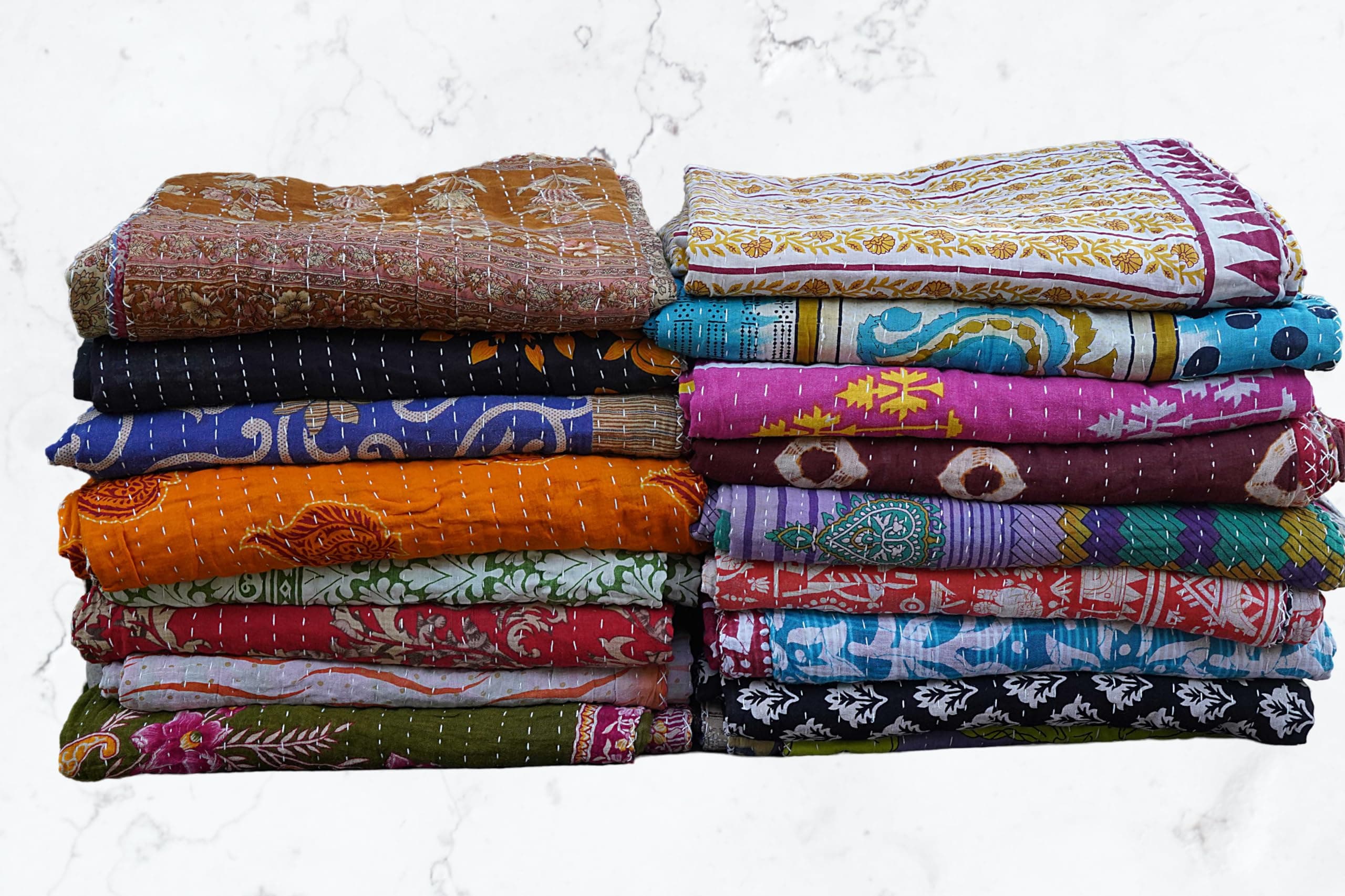 Boho Sanskriti ツインコットンキルト、リバーシブルヴィンテージベッドスプレッド5枚、カンタステッチブランケット、手刺繍グダリ、マルチカラー、85x55インチ、ドライクリーニングのみ