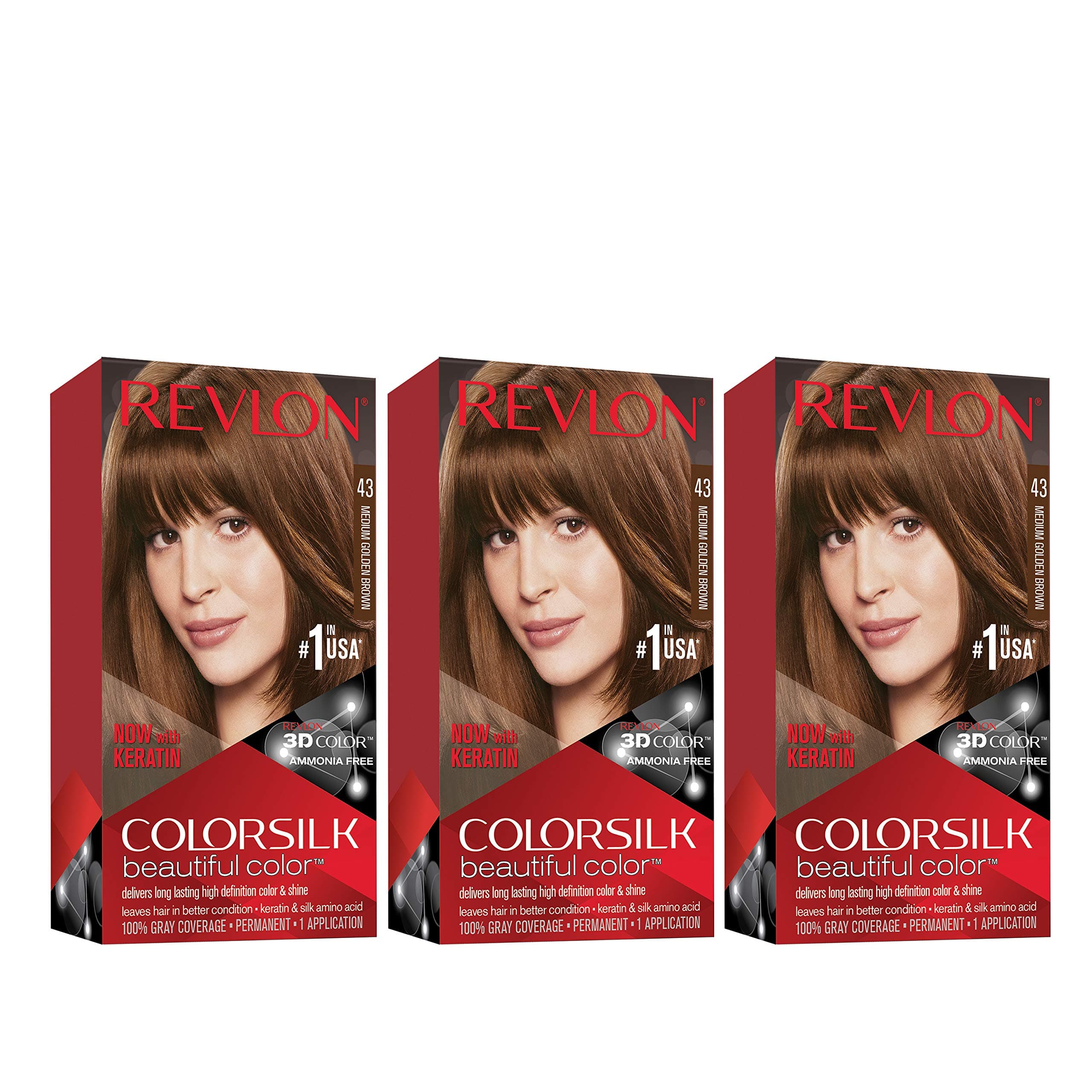 Permanent Hair Color, Permanent Hair Dye, Colorsilk with 100% Gray Coverage, Ammonia-Free, Keratin and Amino Acids, 43 Medium Golden Brown, 4.4 Oz (Pack of 3)