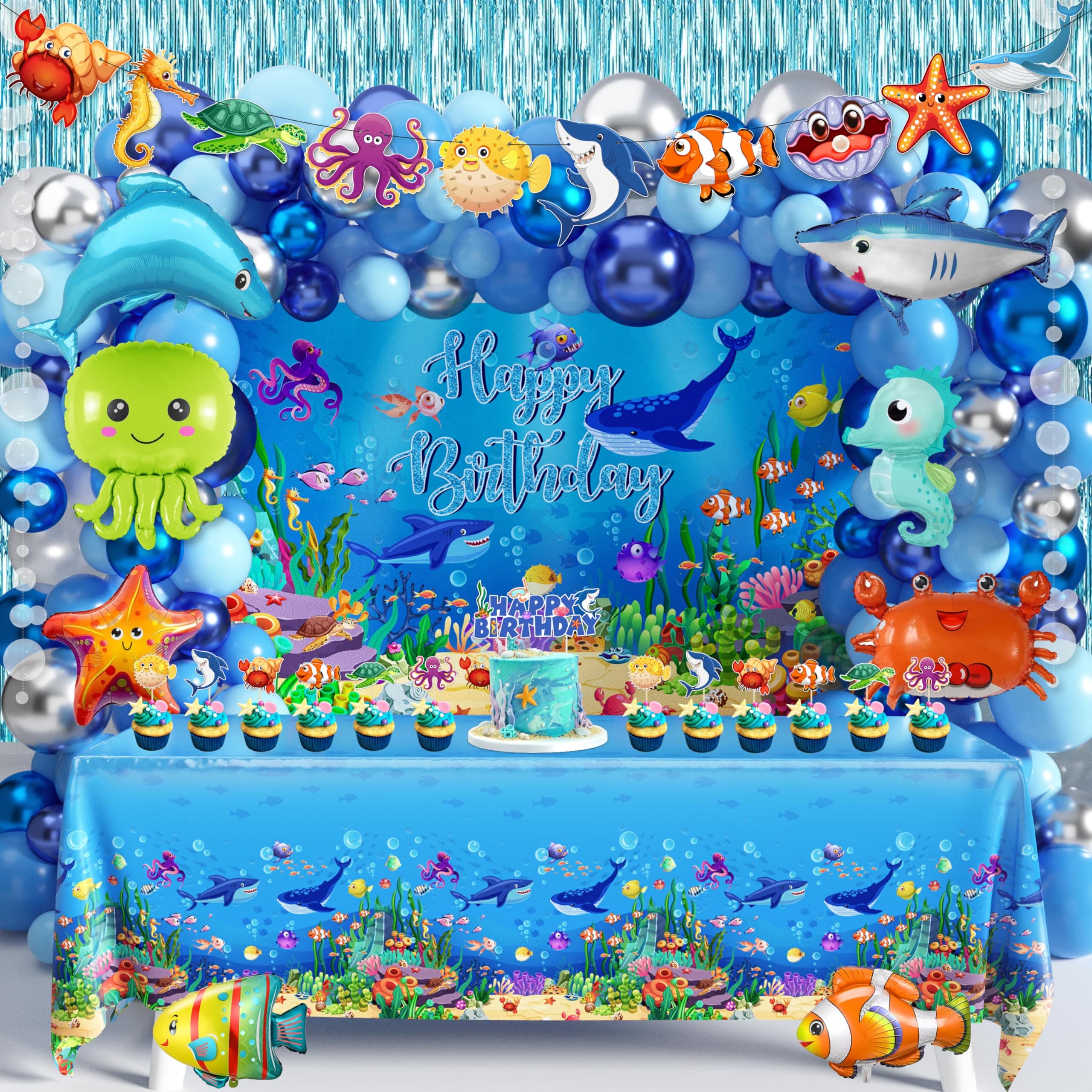 Under the Sea Party Decorations 98Pcs, Ocean Theme Birthday Party Supplies Include Backdrop Tablecloth Bubble Garlands Cake Topper Ocean Animals Balloons for Pool Beach Party Baby Shower (Ocean-01)