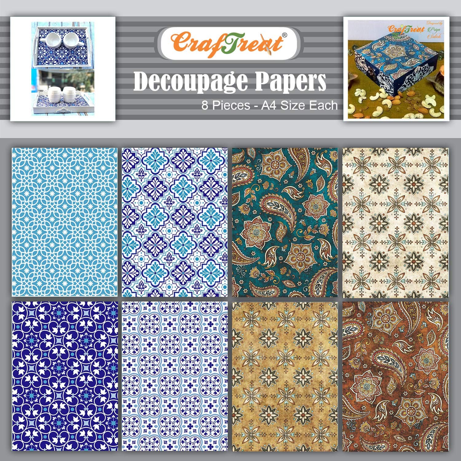 CrafTreat Decoupage Paper Moroccan - Moroccan and Pure Paisley - Size: A4 (8.3 x 11.7 Inch) 8 Pcs - Furniture Decoupage Paper Paisley - Decoupage Paper for Crafts and Scrapbooking