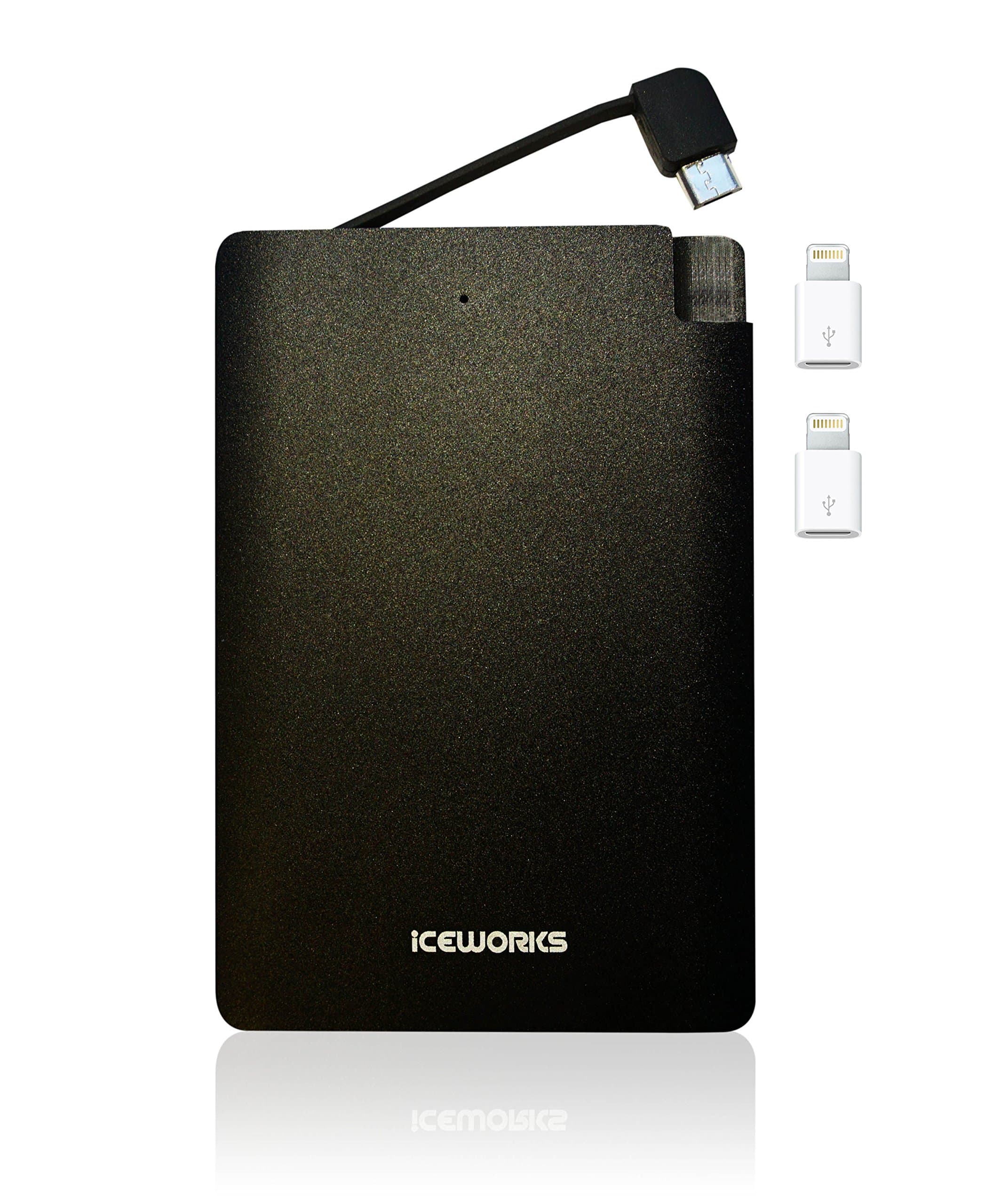 Iceworks 3000 - Built In Cable Power Bank - Compact and Lightweight Portable Charger For Android (Micro-USB) and iPhone (Lightning) - Small, Slimline External Battery Includes Two Free Apple Adapters