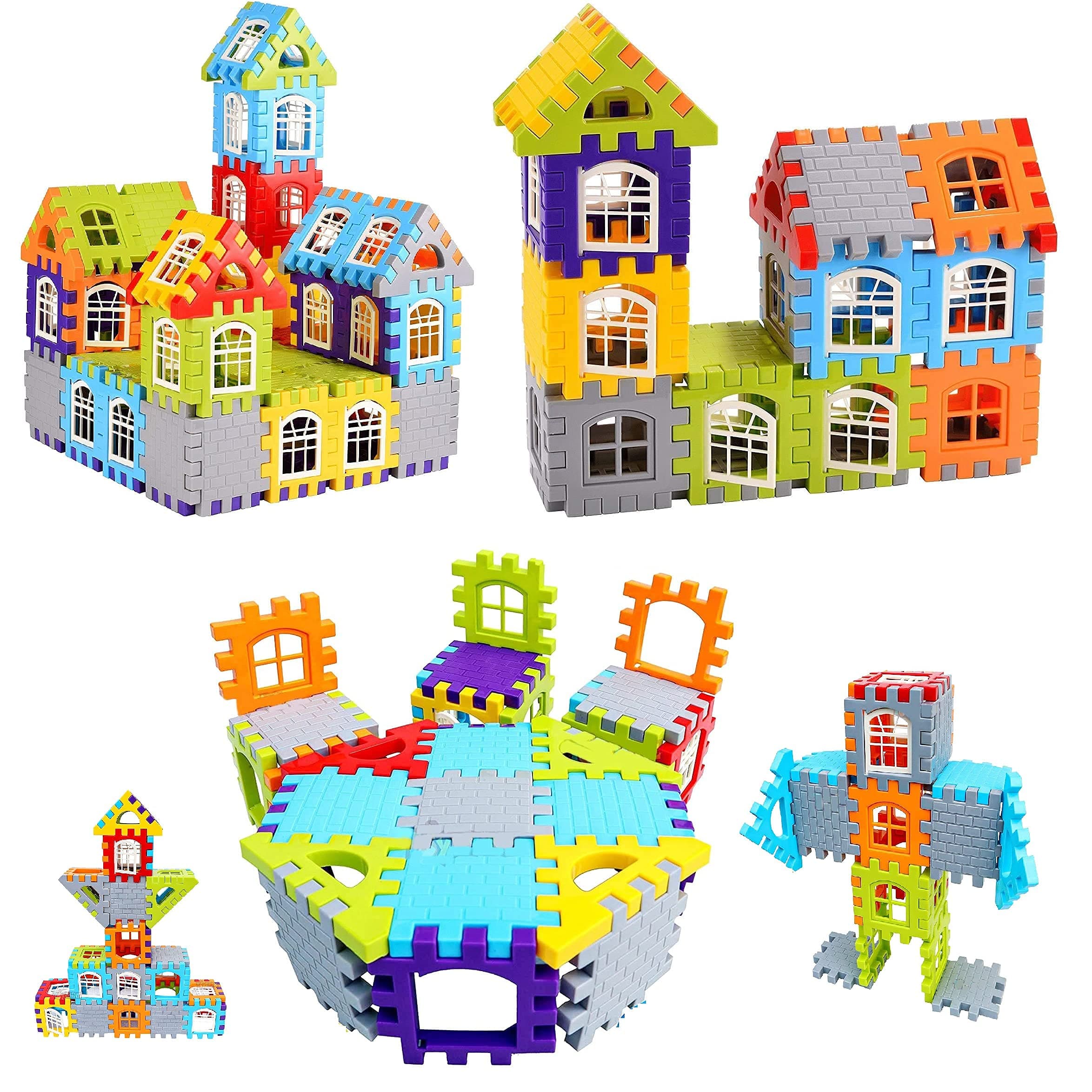 HRK Blocks for Kids, 50+ Pieces House Construction Building Blocks for Boys with Windows Toy Set, Smooth Rounded Edged, DIY Combo, PlasticBuilding Blocks for Kids (House Blocks) (Multicolor)
