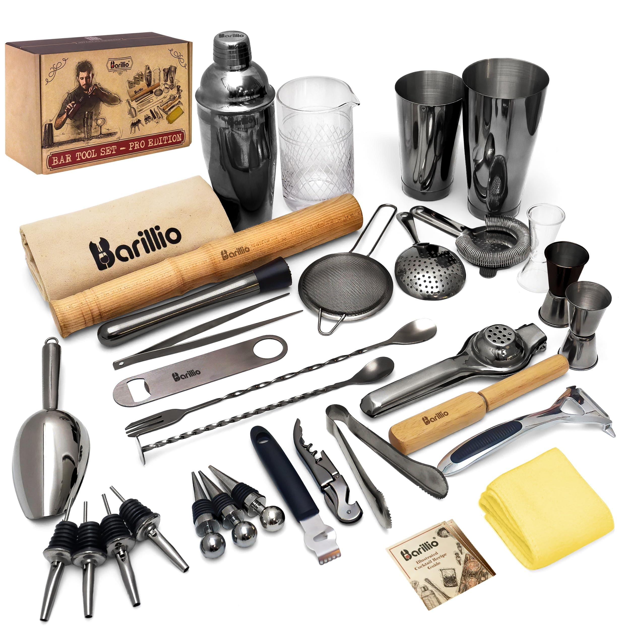 barillio Bar Tool Set Pro Edition - Black Stainless-Steel Cocktail Shaker Set - Mixology Bartender Kit w/Boston Shaker, Drink Mixer & Muddler for Cocktails - Home Bar Accessories - 32-Pc Bar kit