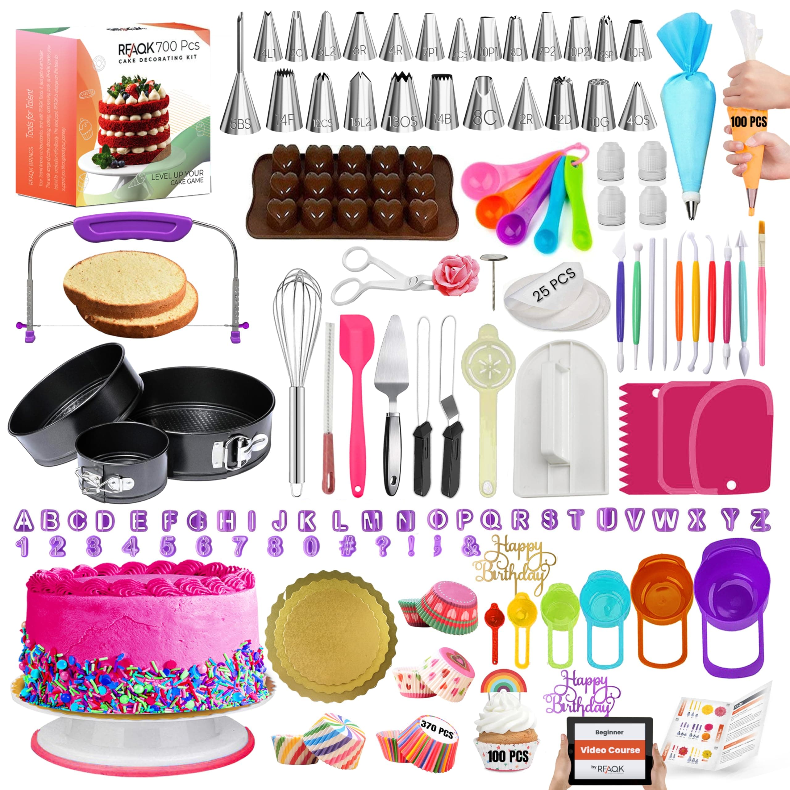 RFAQK 700PCs Cake Decorating Kit with Baking Supplies - Cake Decoration Set with Springform Pans, Cake Leveler, Turntable Stand, Numbered Piping Tips, Icing Spatulas, Fondant Tools & much more