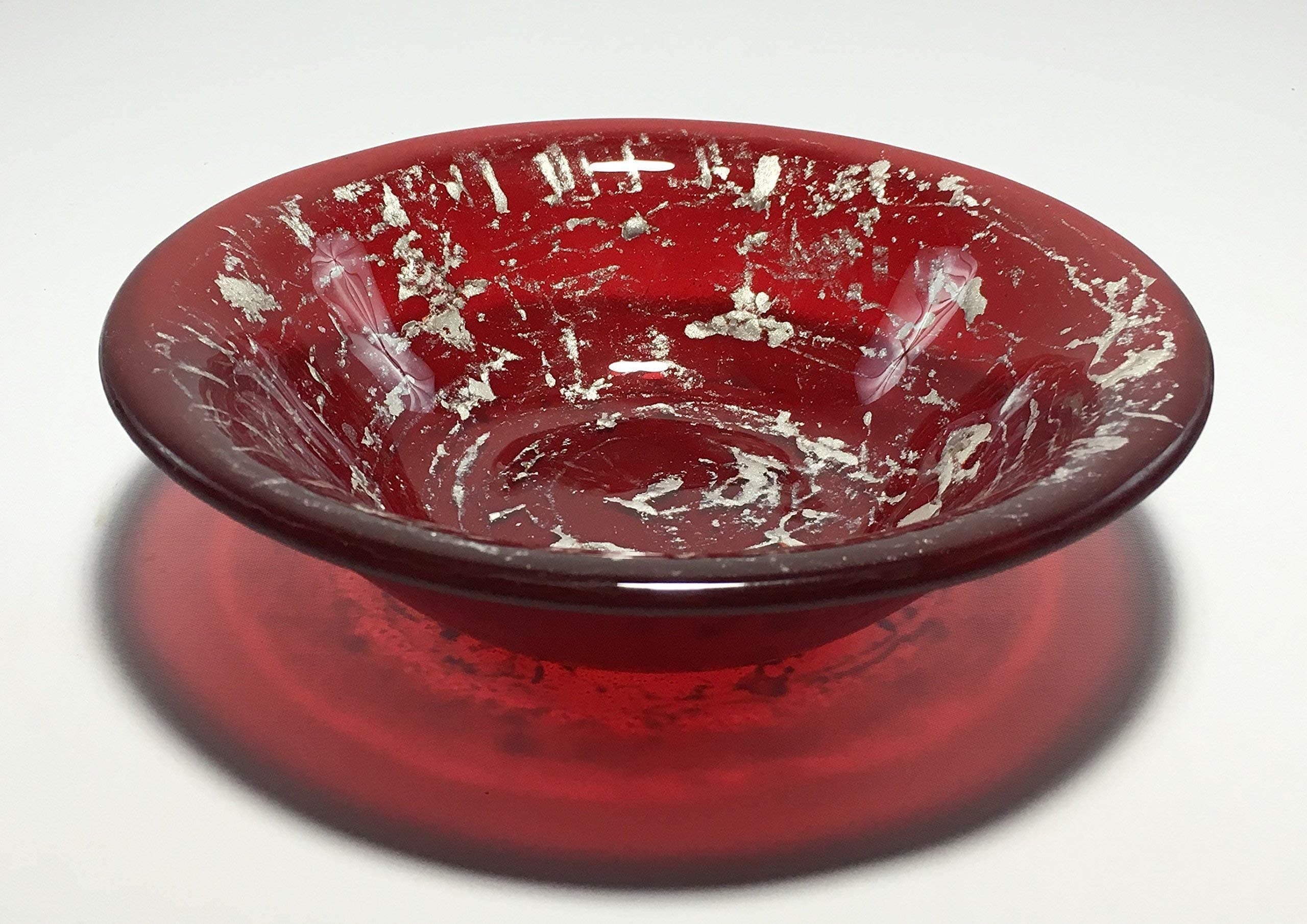 Red and Silver Fused Glass Round Rimmed Cereal or Soup Bowl - 7 1/2 inch diameter