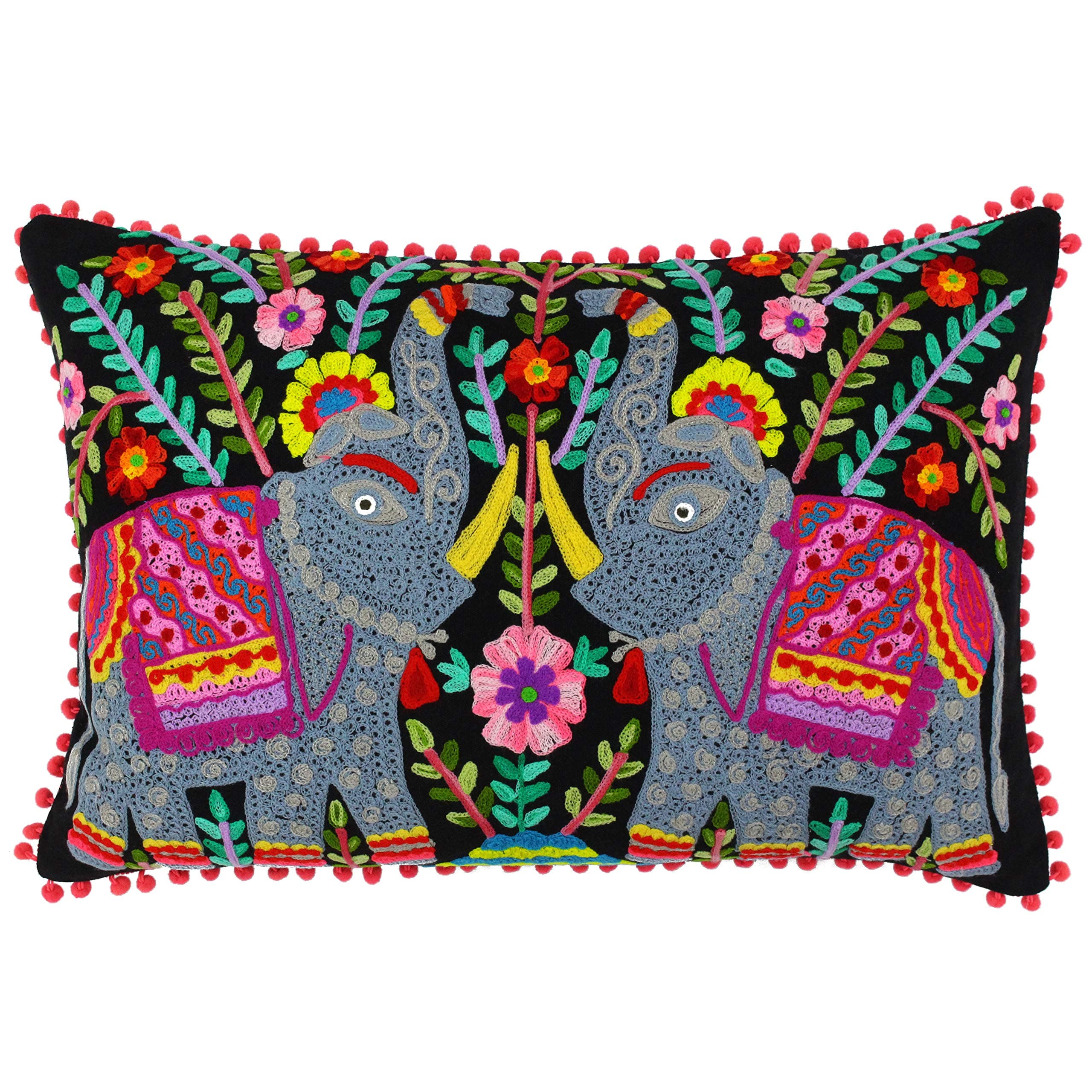 Riva Paoletti Elephants Cushion Cover Black Embroidered Neon Design Contrasting Pink Pompom Edges 100% Polyester 40 x 60cm (16" x 24" inches)