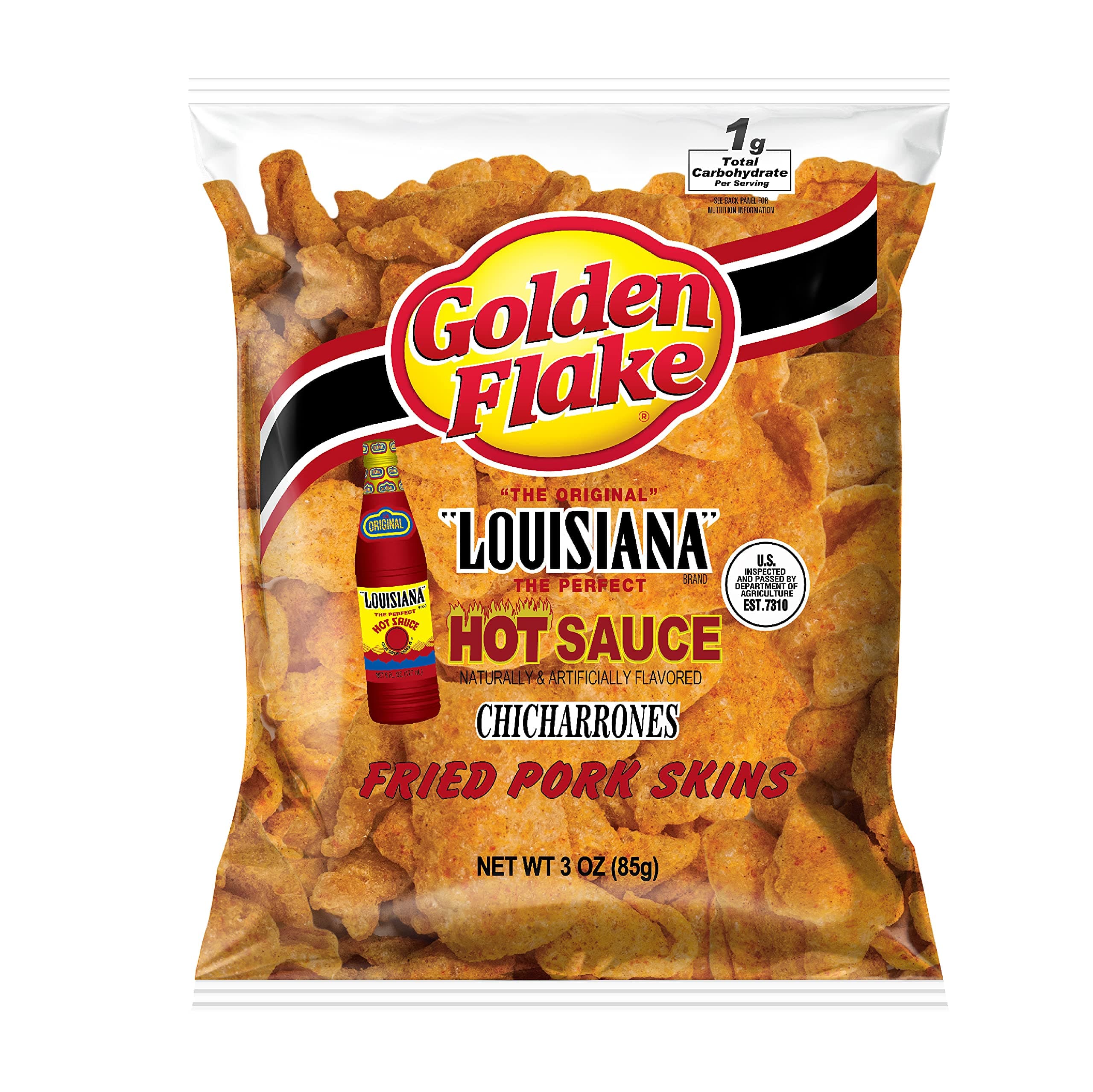 Golden Flake Pork Rinds, Louisiana Hot Sauce - Keto Friendly Snack with Low Carbs per Serving, Light and Airy Pork Skins Seasoned with our Original Louisiana Hot Sauce , 3 Ounce - Pack of 16