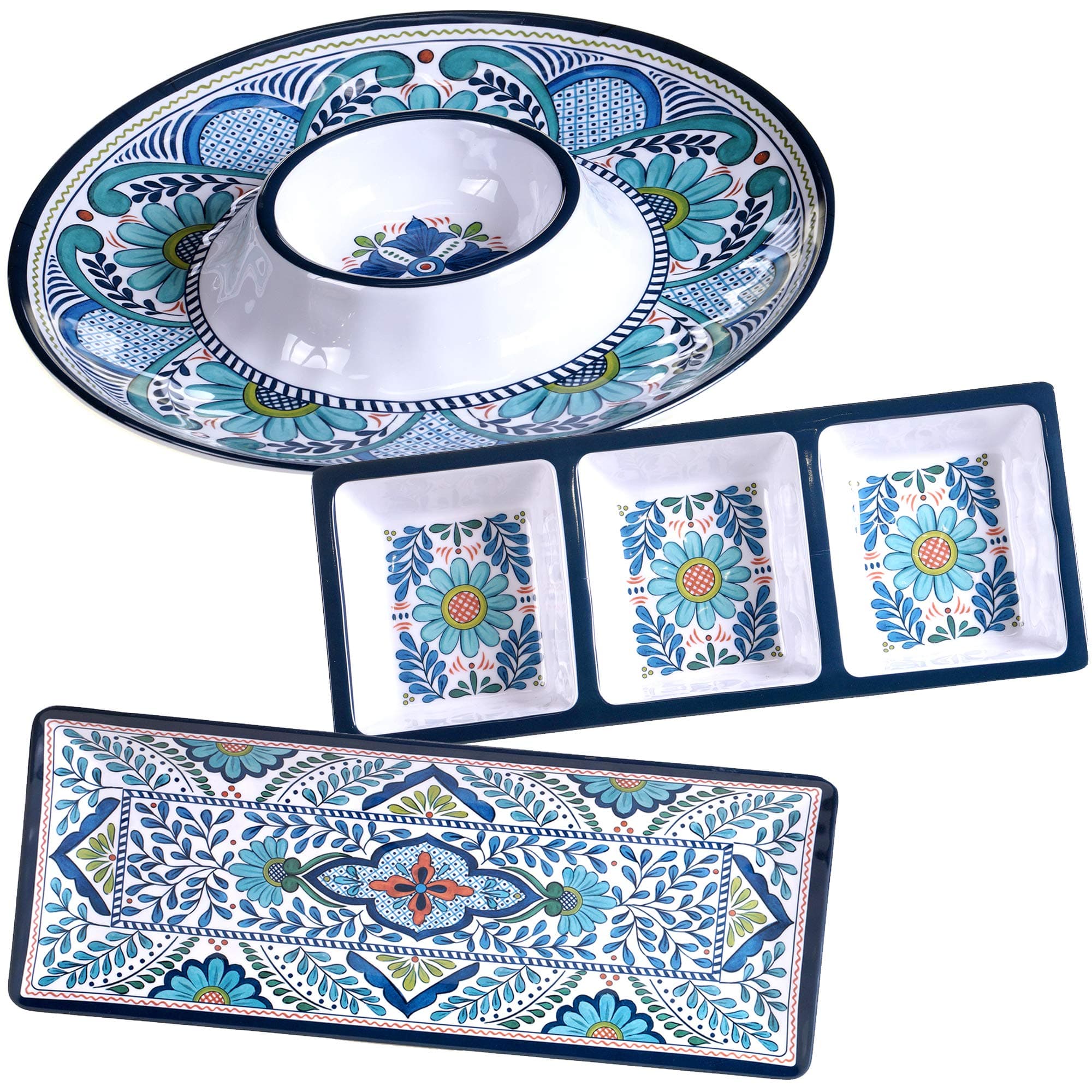 Talavera 3-Piece Melamine Hostess Serveware Set – Chip & Dip Server, 3-Section Relish Tray, and 19" Rectangular Platter – Colorful Southwest Serving Set for Entertaining & Outdoor Dining