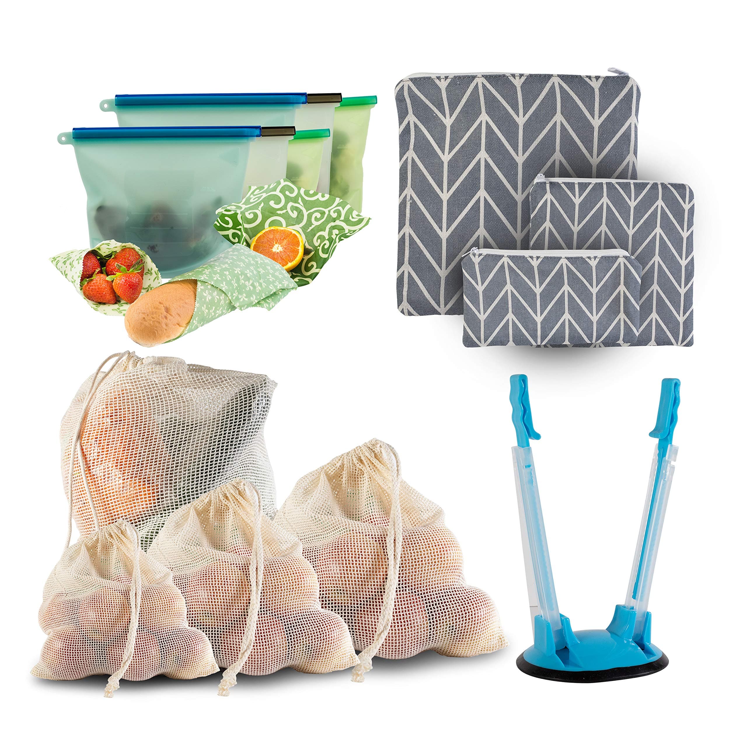 Huge 17 Pc Food Storage Set – Reusable Mesh Produce Bags, Reusable Beeswax Food Wraps, Reusable Silicone Food Storage Ziplock Bags and Reusable Zipper Snack/Sandwich Bag Pouches; Zero Waste Products
