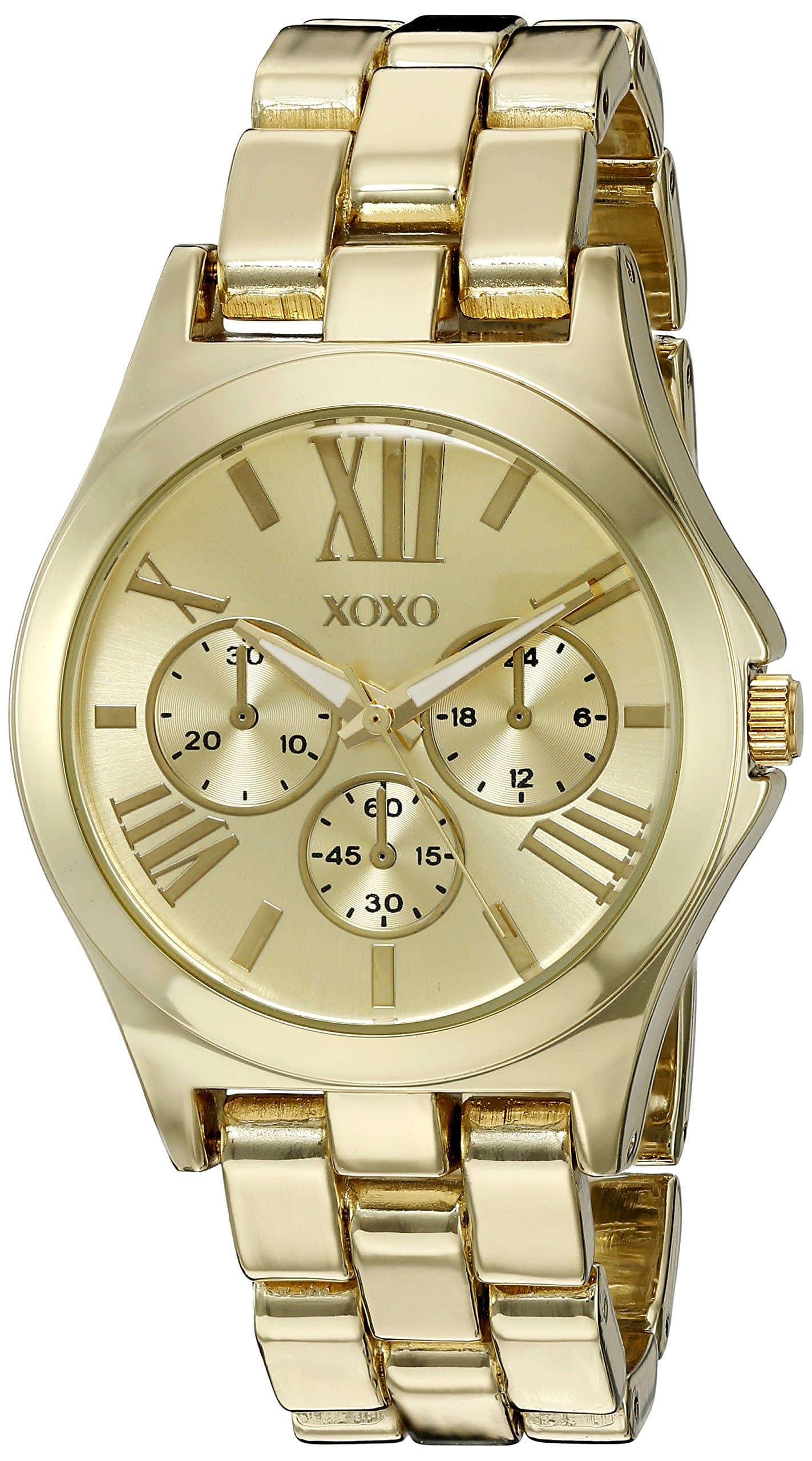 XOXO Women’s Gold-Tone Analog Quartz Watch – Polished Bracelet Style with Roman Numeral Dial and Decorative Subdials – Includes Gift Box – 36mm Case