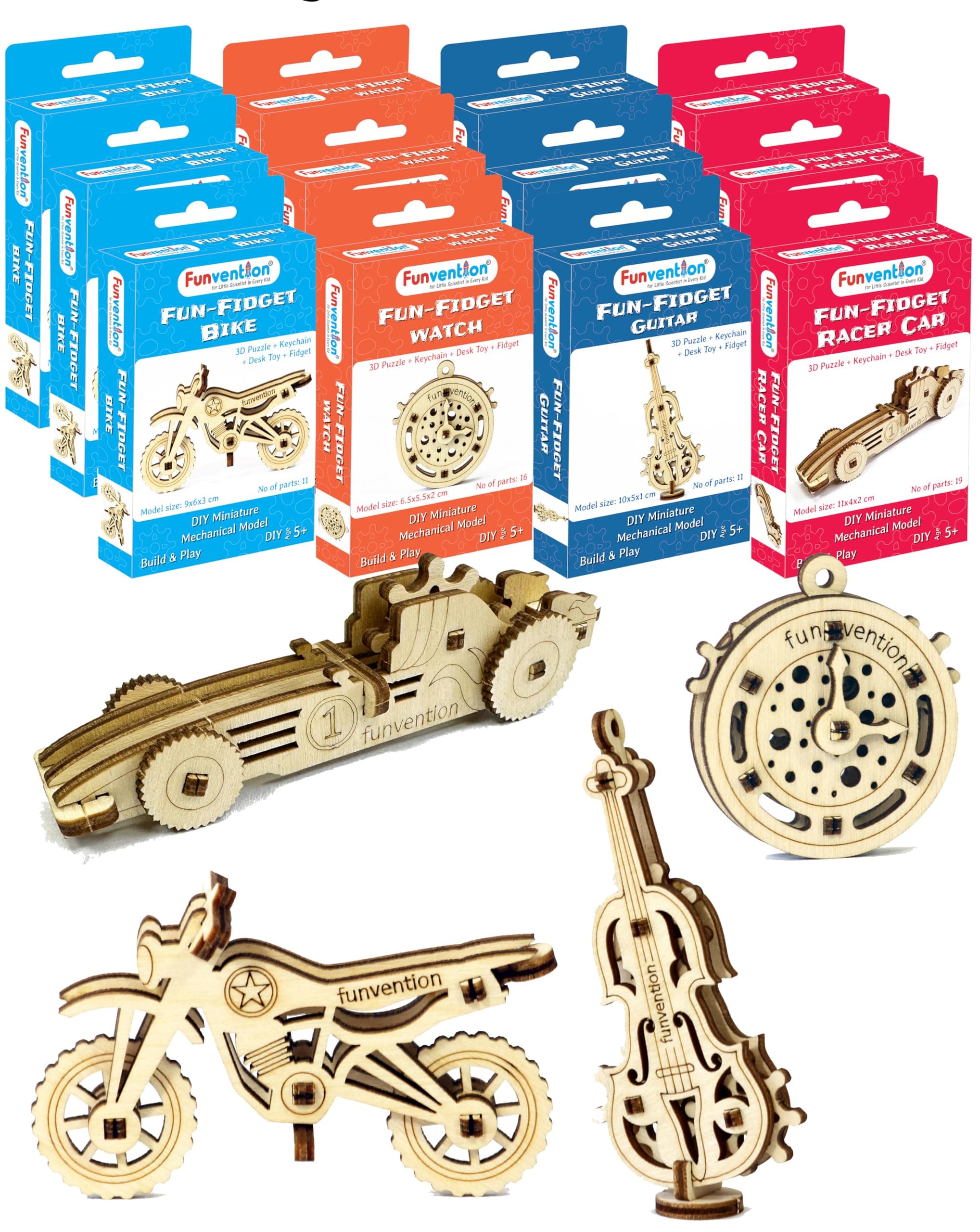 Fun Fidgets Assorted (3 x 4 DIY Miniature Mechanical Models Bike, Car, Guitar & Watch) Pack of 12 - Birthday Return Gifts Party Pack Return Favors for Kids Art & Craft STEM Learning Toys