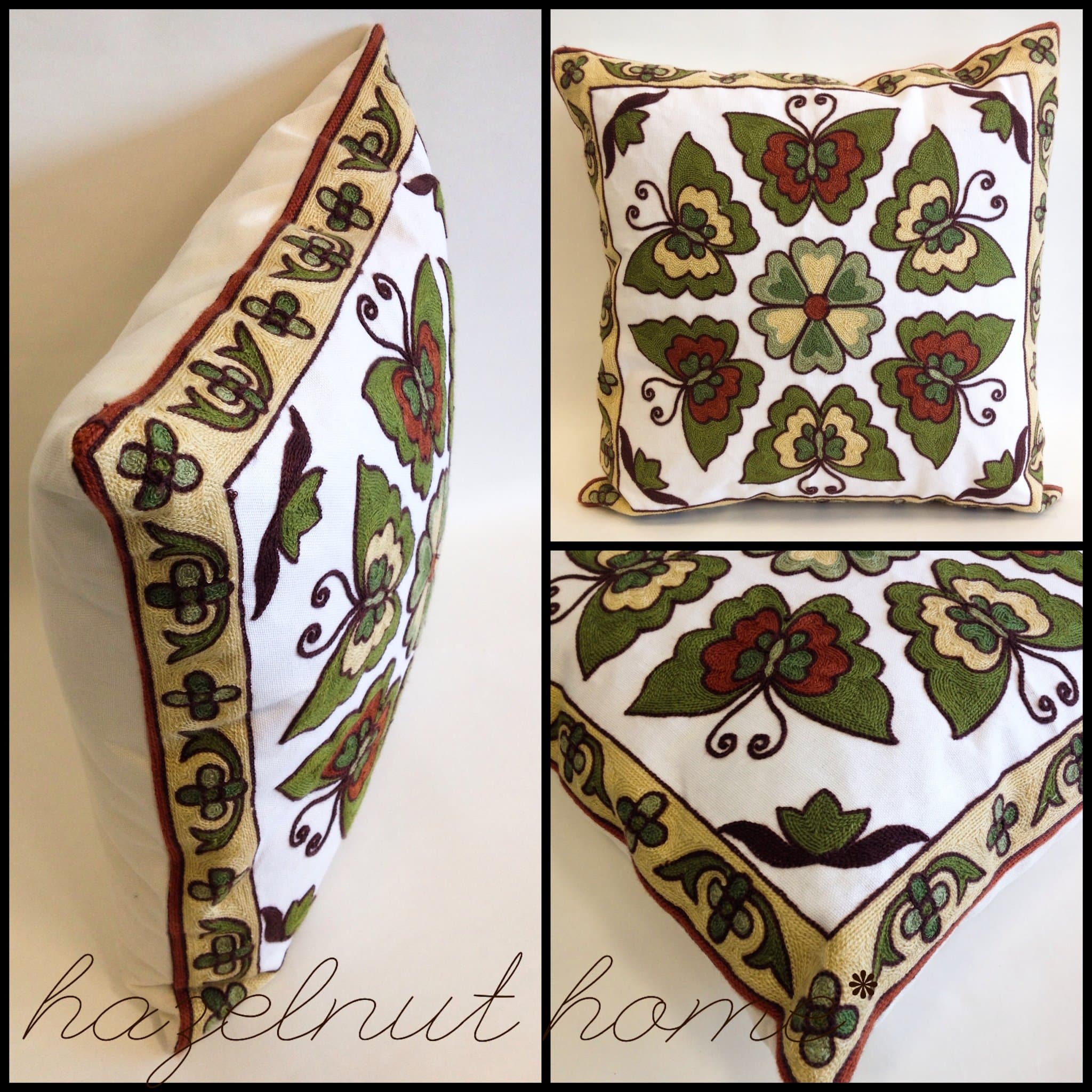 Garden Butterfly Texture Yarn Embroidery Decorative 18" x 18" Pillow Cover (White x Green) โฆ