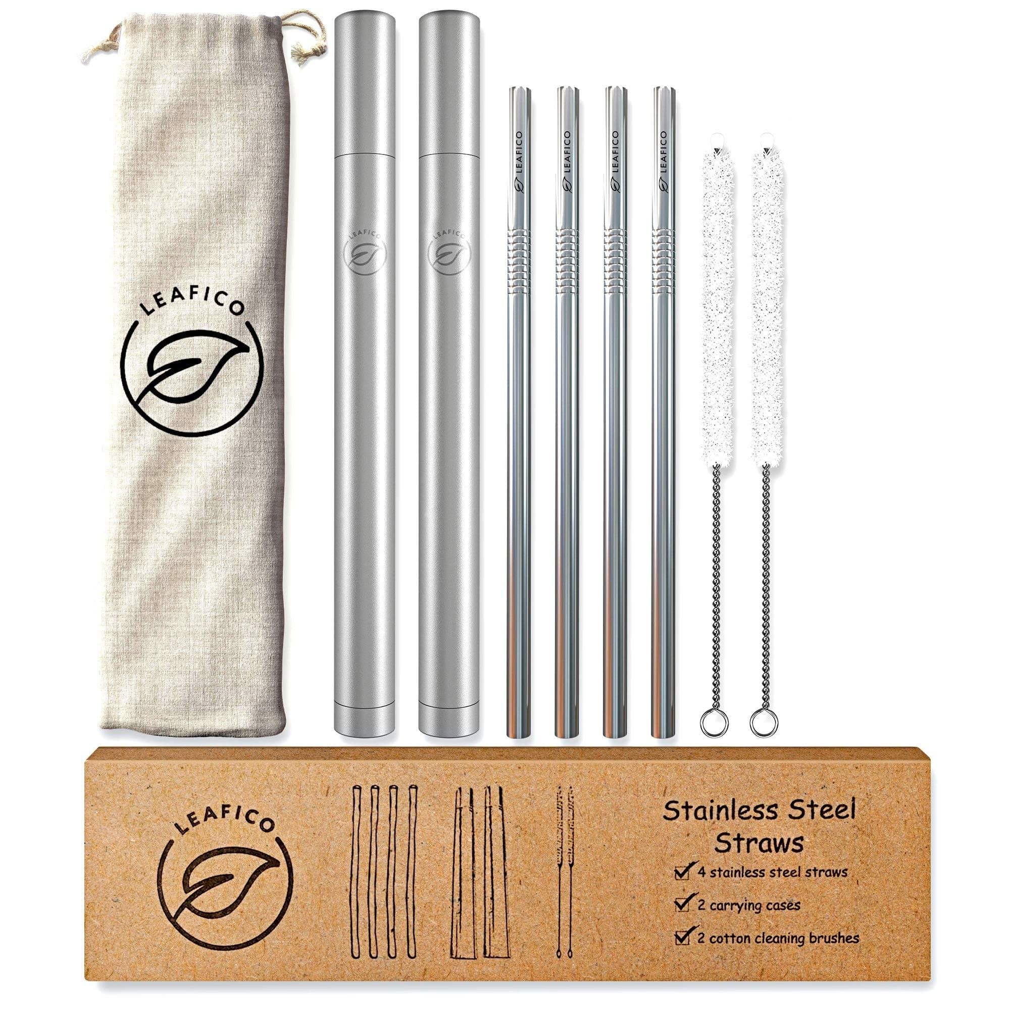 LEAFICO Reusable Stainless Steel Straws - Metal Drinking ECO Straws - Portable Steel Straws with Case & Cotton Cleaning Brushes - Smoothie Cocktail Boba Bubble Tea Coffee Straws