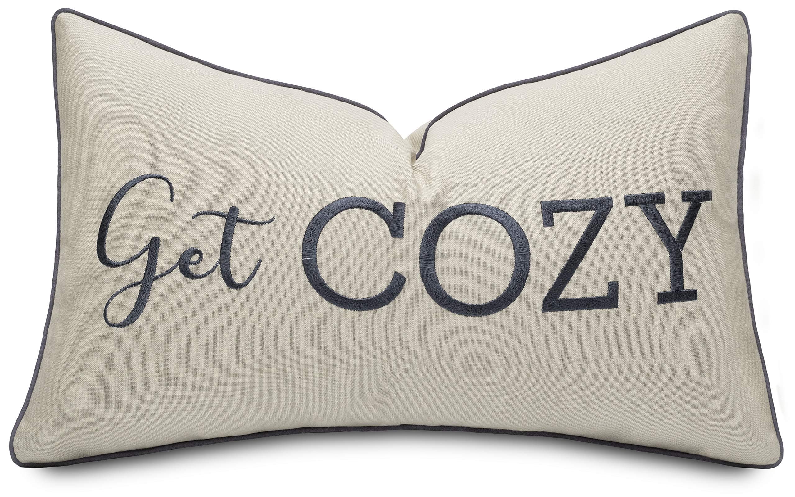 YugTex Get Cozy Sentiment Embroidered Lumbar Accent Throw Pillow Cover - 12x20, Natural