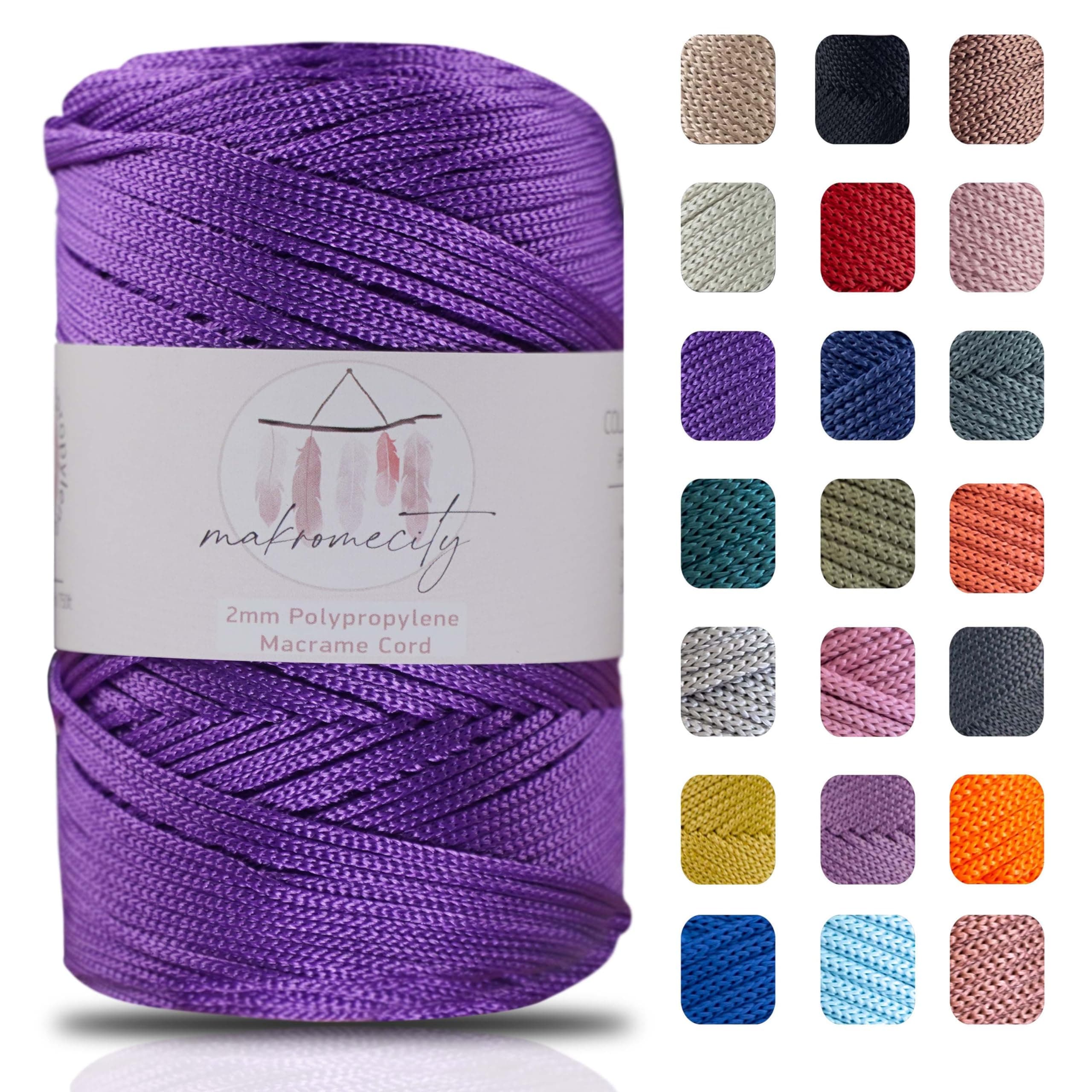 Makromecity, Polyester Macrame Cord (2 mm x 750 feet) 2mm Polypropylene Lilac Macrame Cord Crochet Macrame Bag Cord Crafts for Wall Hangings, Bags, Underplate, Rug (25 Colors Available)
