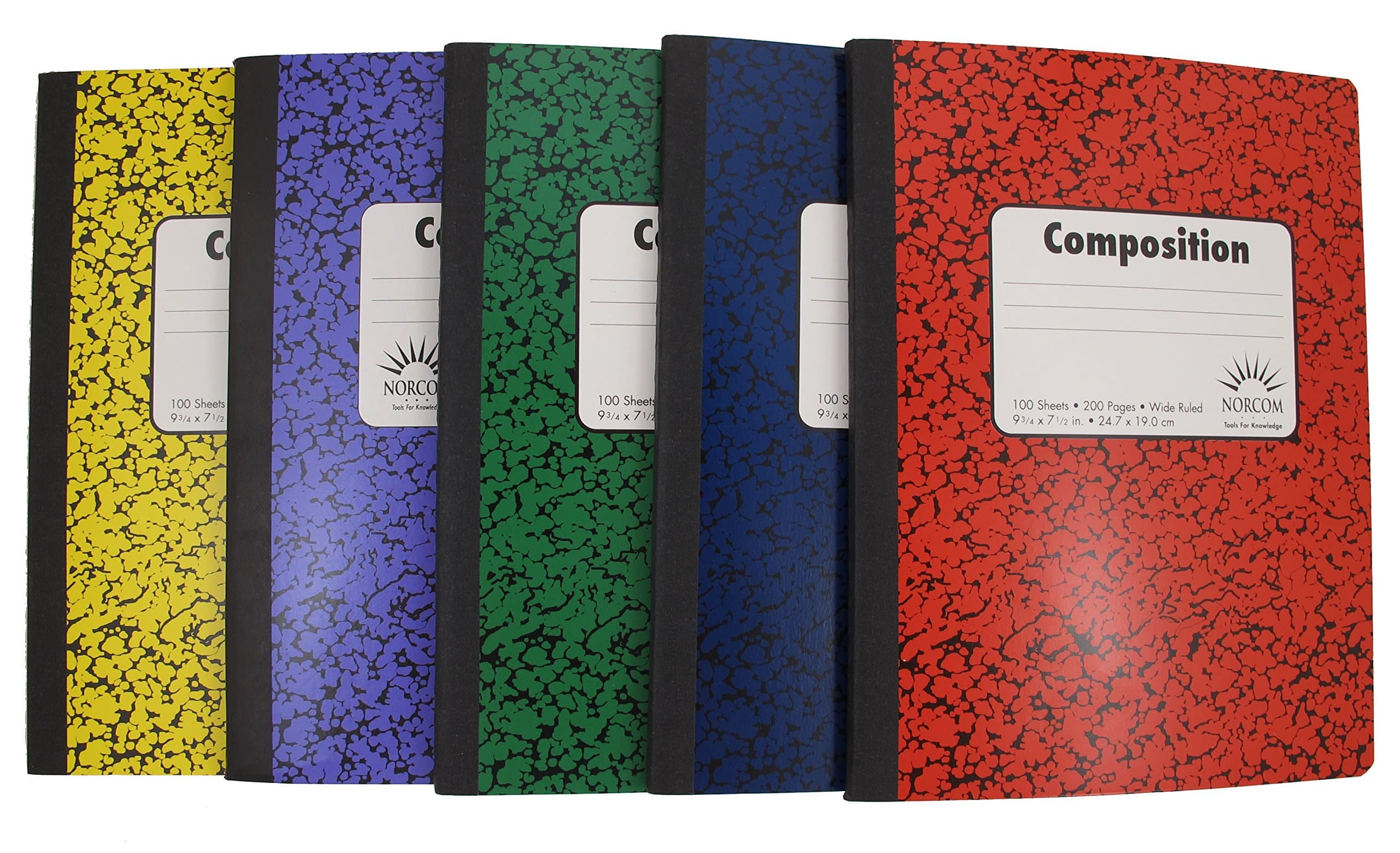 Norcom Wide Ruled 100 Sheets Composition Notebooks - Random Colors Chosen (Pack of 5)