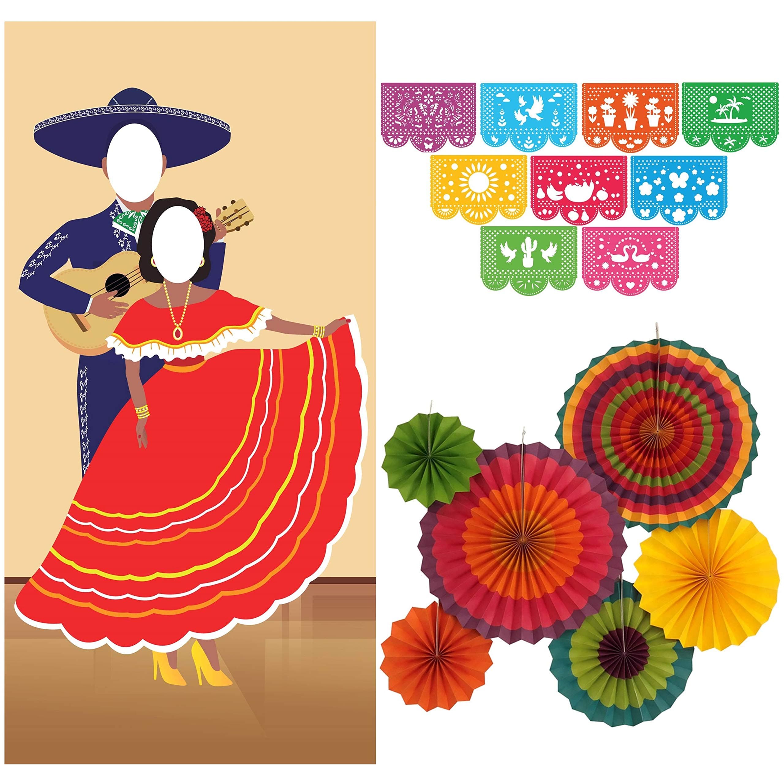 Jelda's Fiesta Couple Photo Door Banner with Fiesta Party Decorations | Mexican Party Decorations and Supplies | Theme Decor for Cinco De Mayo | Large Papel Picado Banner | Colorful Paper Fans