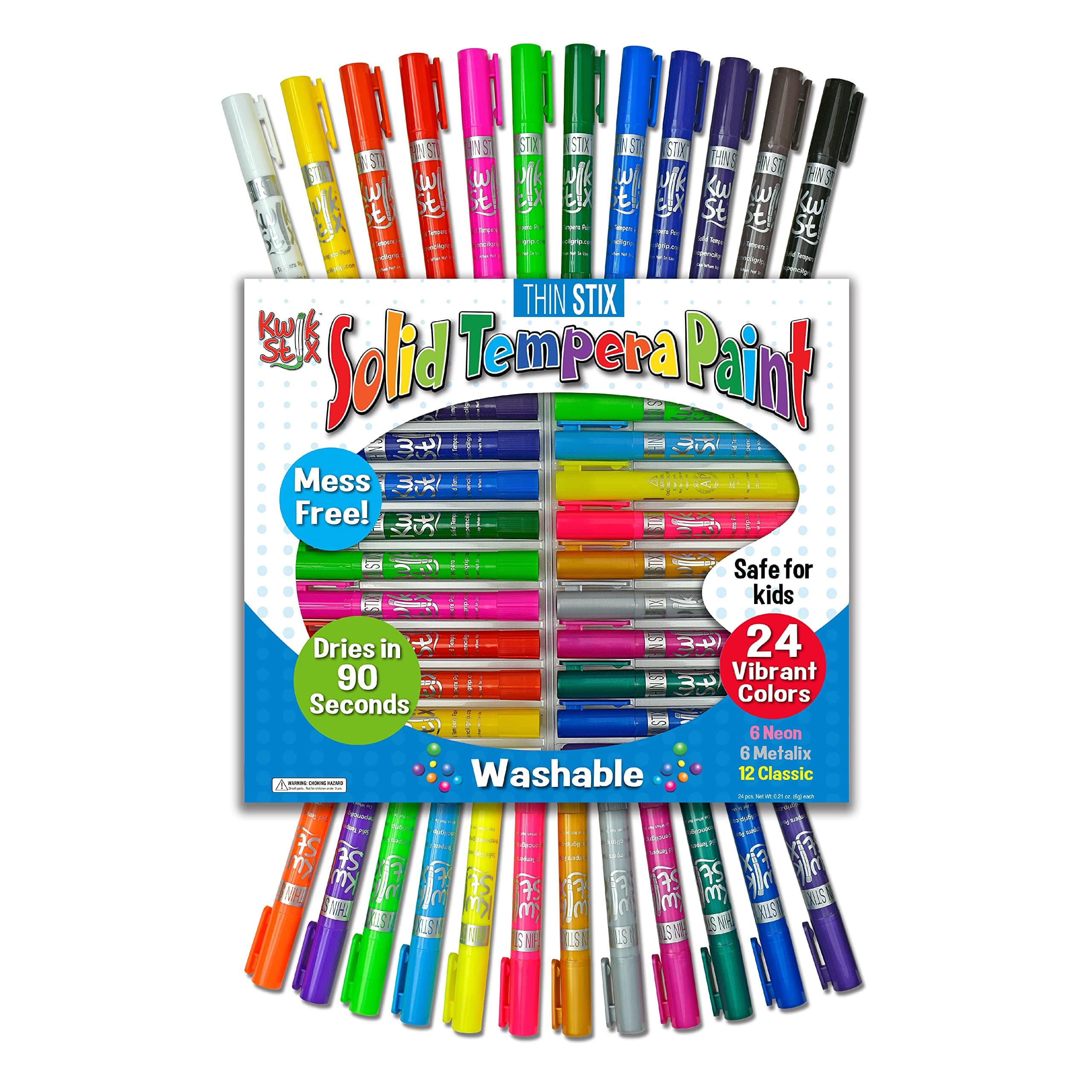 Solid Tempera Paints, Thin Stix Paint Pens, Super Quick Drying, 6 Neon, 6 Metalix & 12 Classic Vibrant Colors - 24 Pack - TPG-620