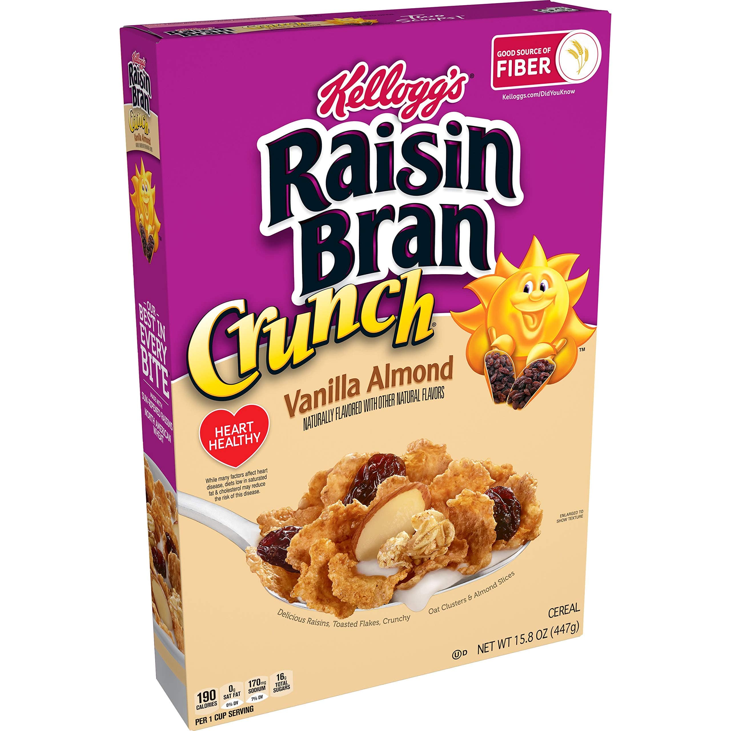Kellogg's Raisin Bran Crunch Breakfast Cereal, Fiber Cereal, Made with Real Fruit, Vanilla Almond, 15.8oz Box (1 Box)