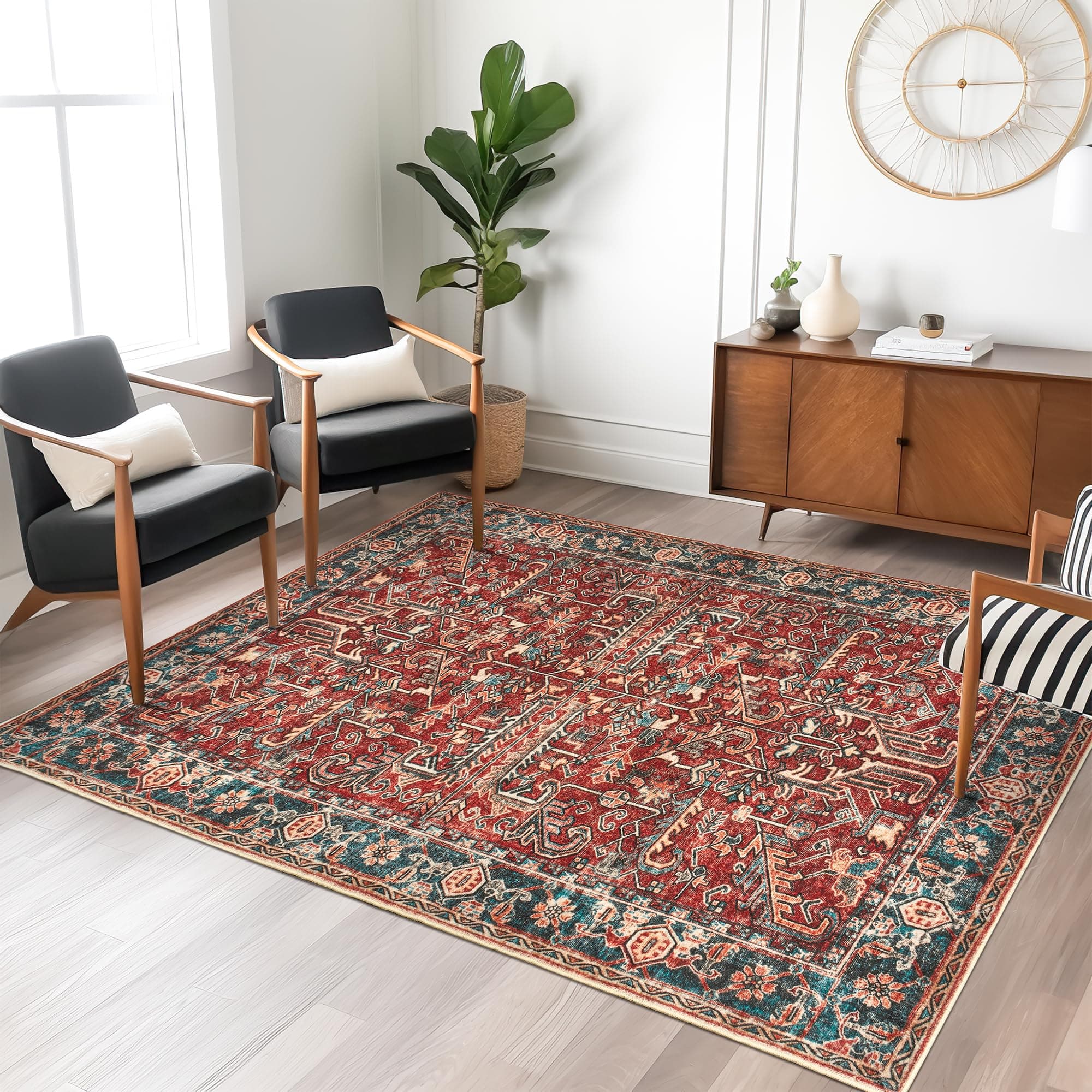 Washable Rug 3x5 - Ultra-Thin Antique Collection Area Rug, Stain Resistant Rugs for Living Room Bedroom, Distressed Vintage Rug(Red, 3'x5')