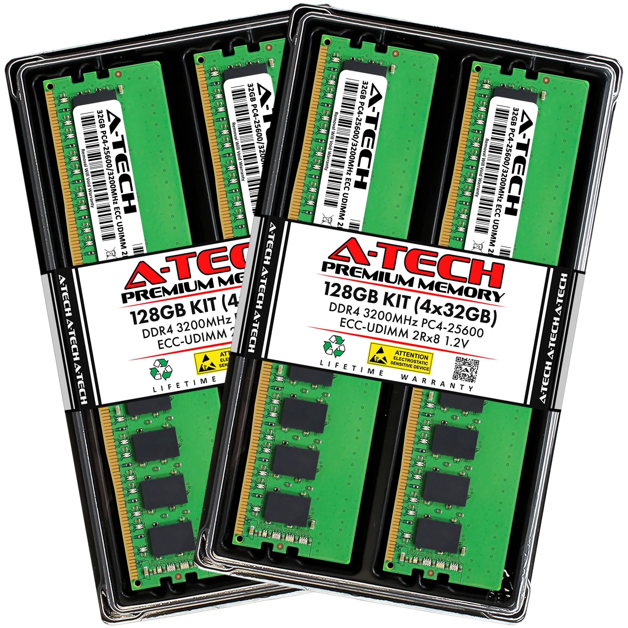 A-Tech Server 128GB Kit (4x32GB) DDR4 3200MHz PC4-25600 ECC UDIMM 2Rx8 Dual Rank 1.2V ECC Unbuffered DIMM 288-Pin Server & Workstation RAM Memory Upgrade Modules (A-Tech Enterprise Series)