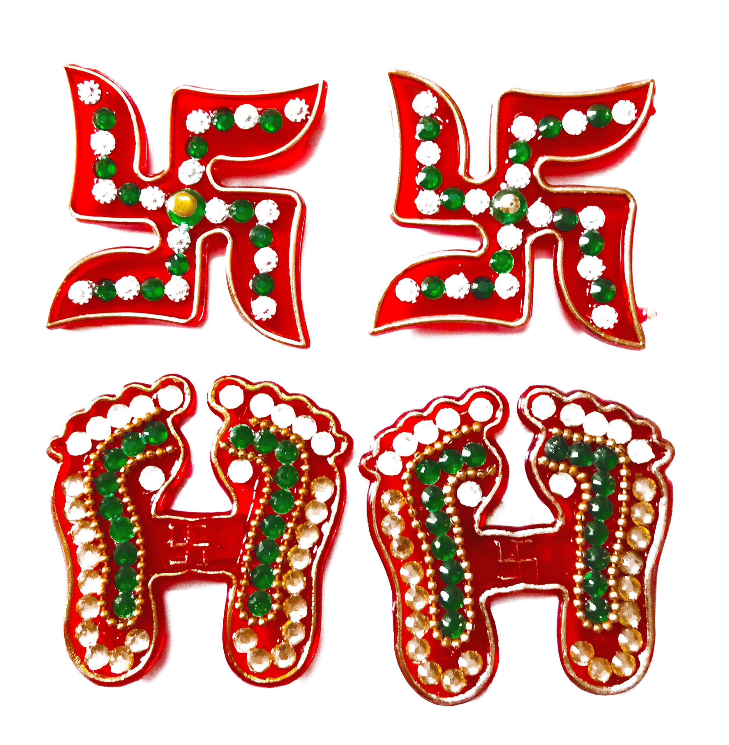 DMS RETAIL Multicolored Stone Studded 2 Pair of Swastik Sticker and 2 Pair of Laxmi Feet for Floor Or Wall Decoration -Small Size 2 Inches