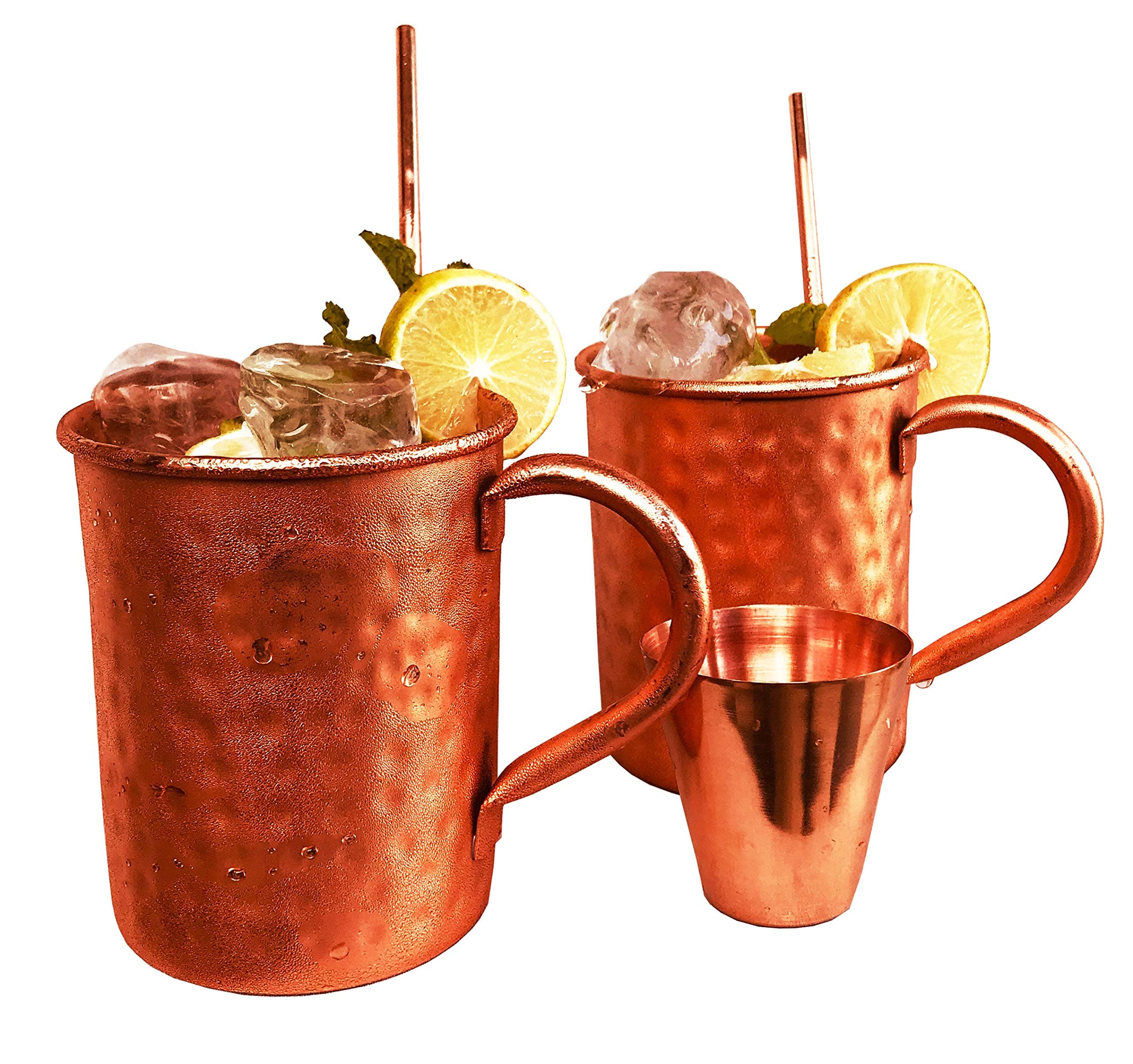 Moscow Mule Copper Mugs - Set of 2-Handcrafted Food Safe Pure Solid Copper Mugs - 16 Ounce Set With Bonus : Highest Quality 2 Cocktail Copper Straws and 1 Shot Glass