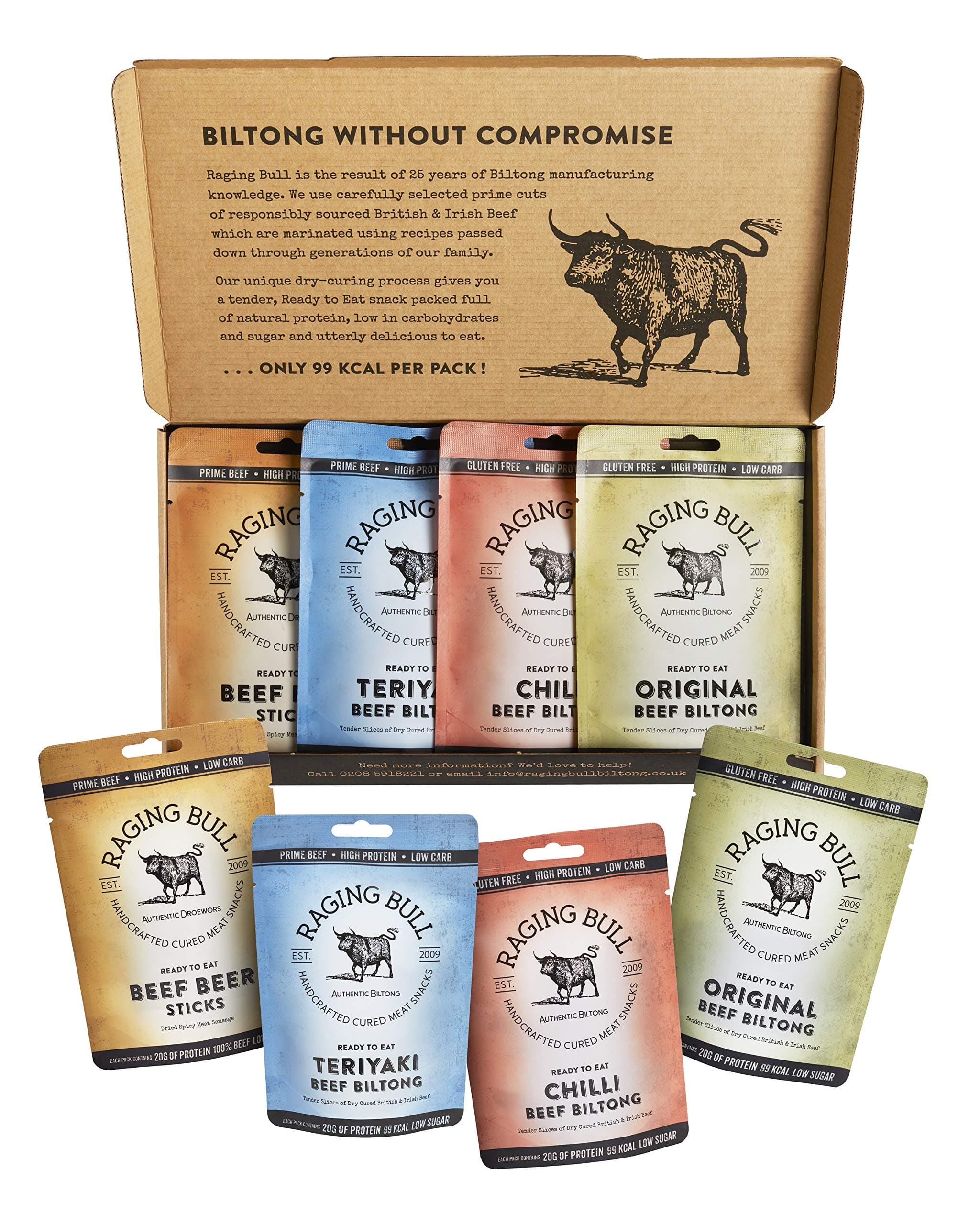 Biltong Taster Pack - 2 x 28g Bags of Original, Chilli and Teriyaki Beef Biltong - 2 x 40g of Original Droewors Sticks - High Protein Snacks - Low Carb Keto Snacks - Carnivore Meat Snack