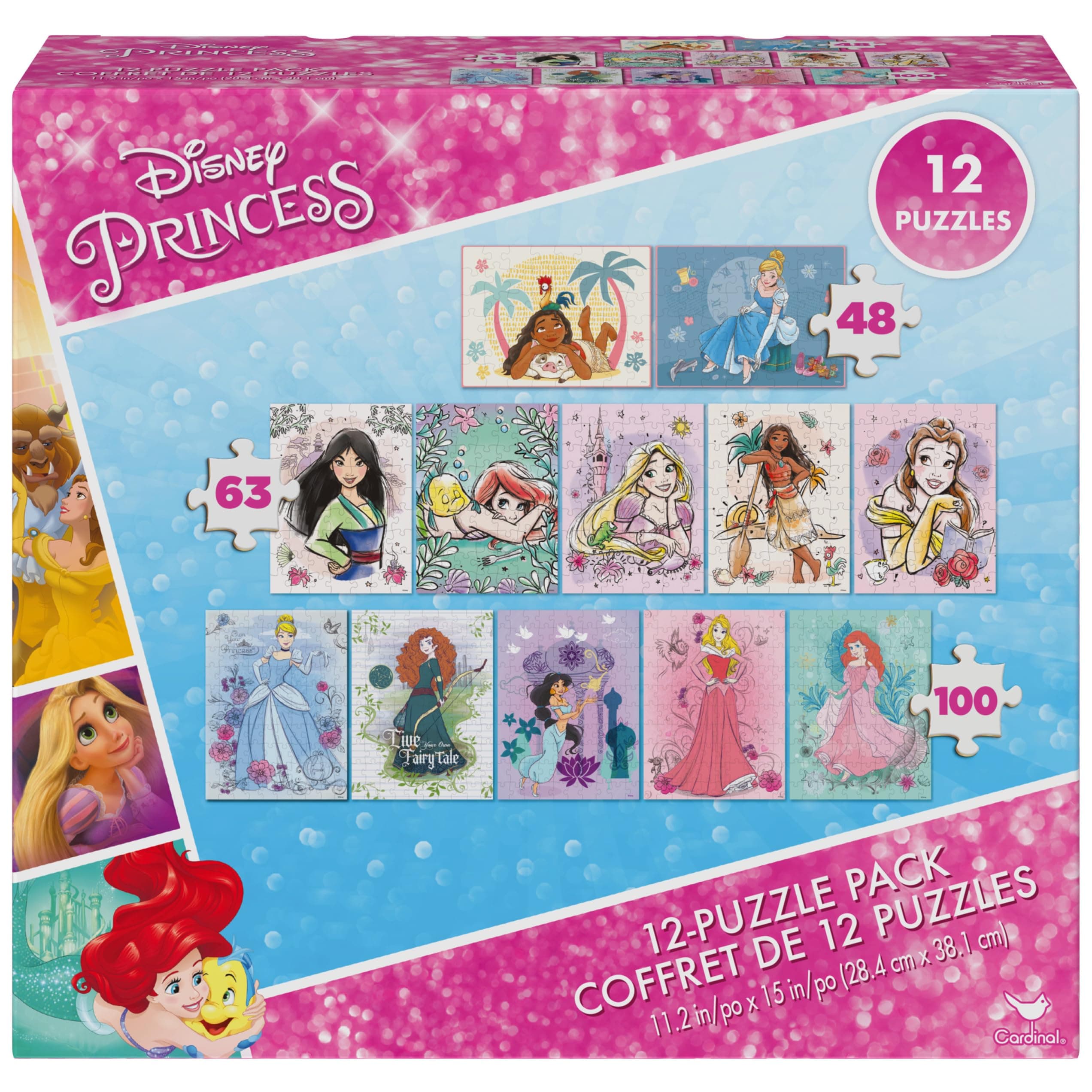Spin Master Games, Disney Princess 12-Puzzle Bundle - Moana, Ariel, Mulan, Cinderella & More, with 48-Piece, 63-Piece, & 100-Piece Disney Puzzles for Kids, for Ages 4 & Up