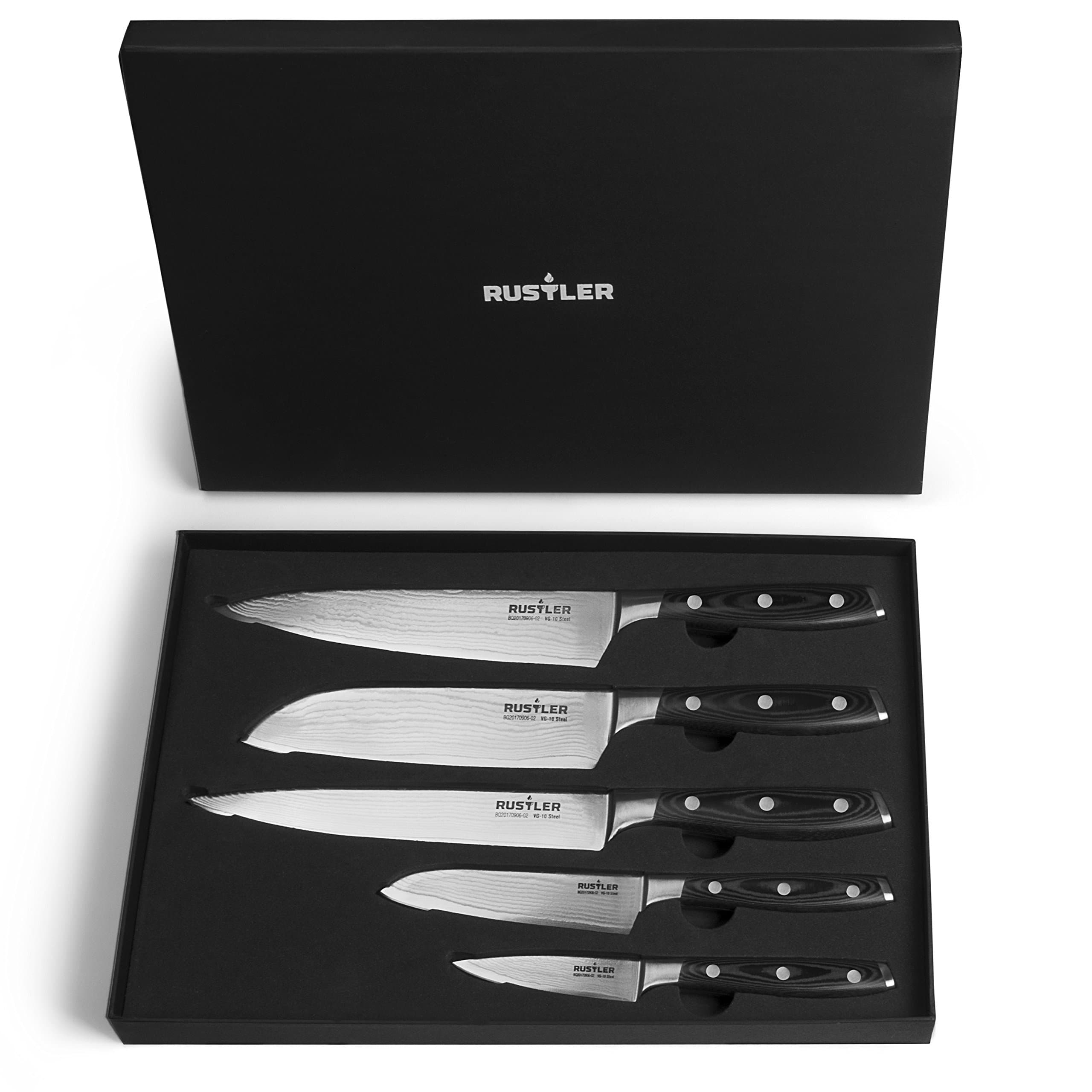 Rustler Damascus Knife Set – Set of 5 – Paring Knife (8.5 cm) – Santoku Knives (12 & 17.5 cm) – Kitchen Knife (19.8 cm) – Chef knife (20 cm) – 67 Layers of Stainless Damascus Steel, Silver