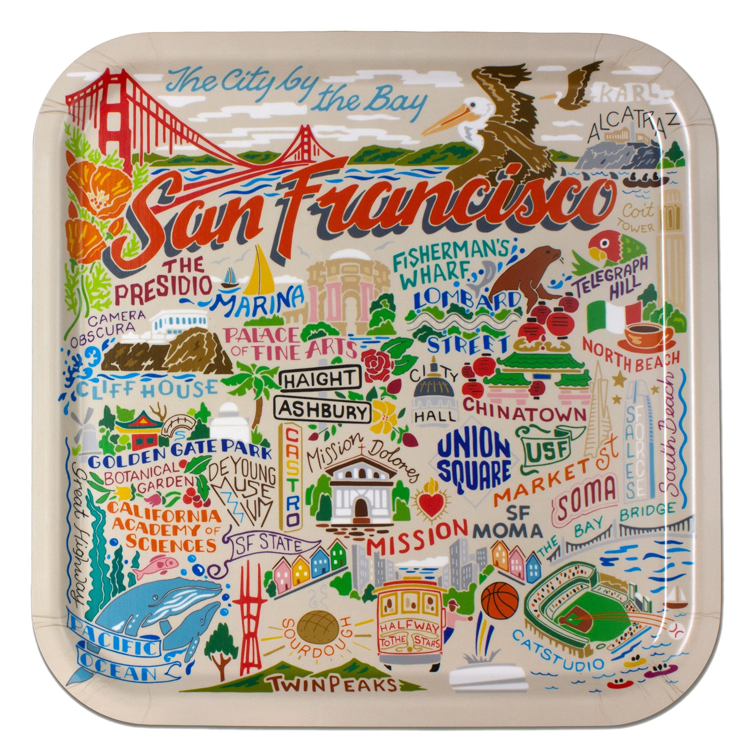 Catstudio Serving Tray, San Francisco Birchwood Serving Tray, Decorative Tray for Ottoman, Serving Platter, Coffee Table Decor, 12.5" by 12.5" Dishwasher Safe Serving Tray for California Lovers